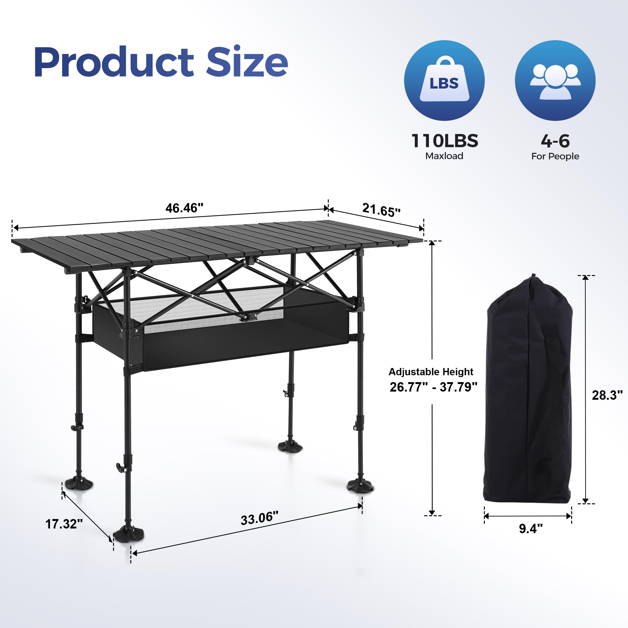 ALPHA CAMP Portable Aluminum Camping Table, Adjustable Height, Black, 46.46" L x 21.65" W