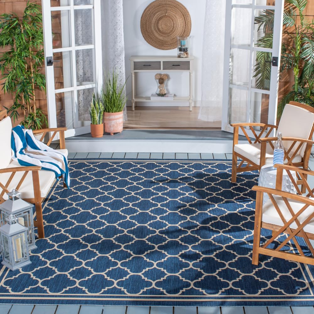 SAFAVIEH Courtyard Collection Area Rug - 9 x 12, Navy & Beige, Non-Shedding & Easy Care, Indoor/Outdoor & Washable-Ideal for P