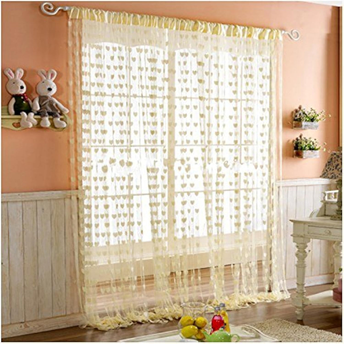Pindia 6 feet Set of 2 Cream String Net Heart Design Door Window Curtain
