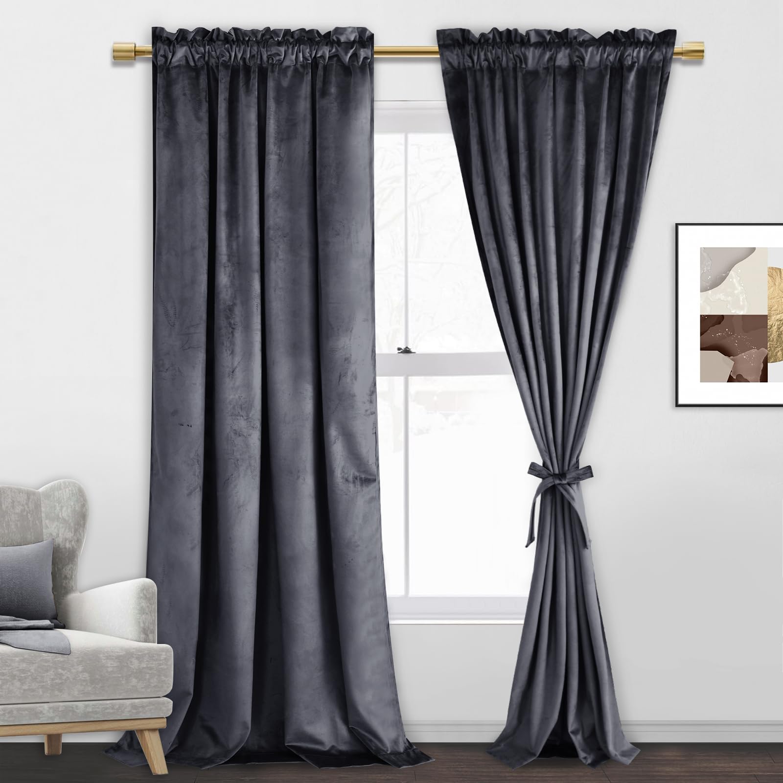Jiuzhen Dark Grey Velvet Curtains 108 Inches For Living Room Thermal Insualted Light Blocking Window Drapes For Bedroom/Dining R