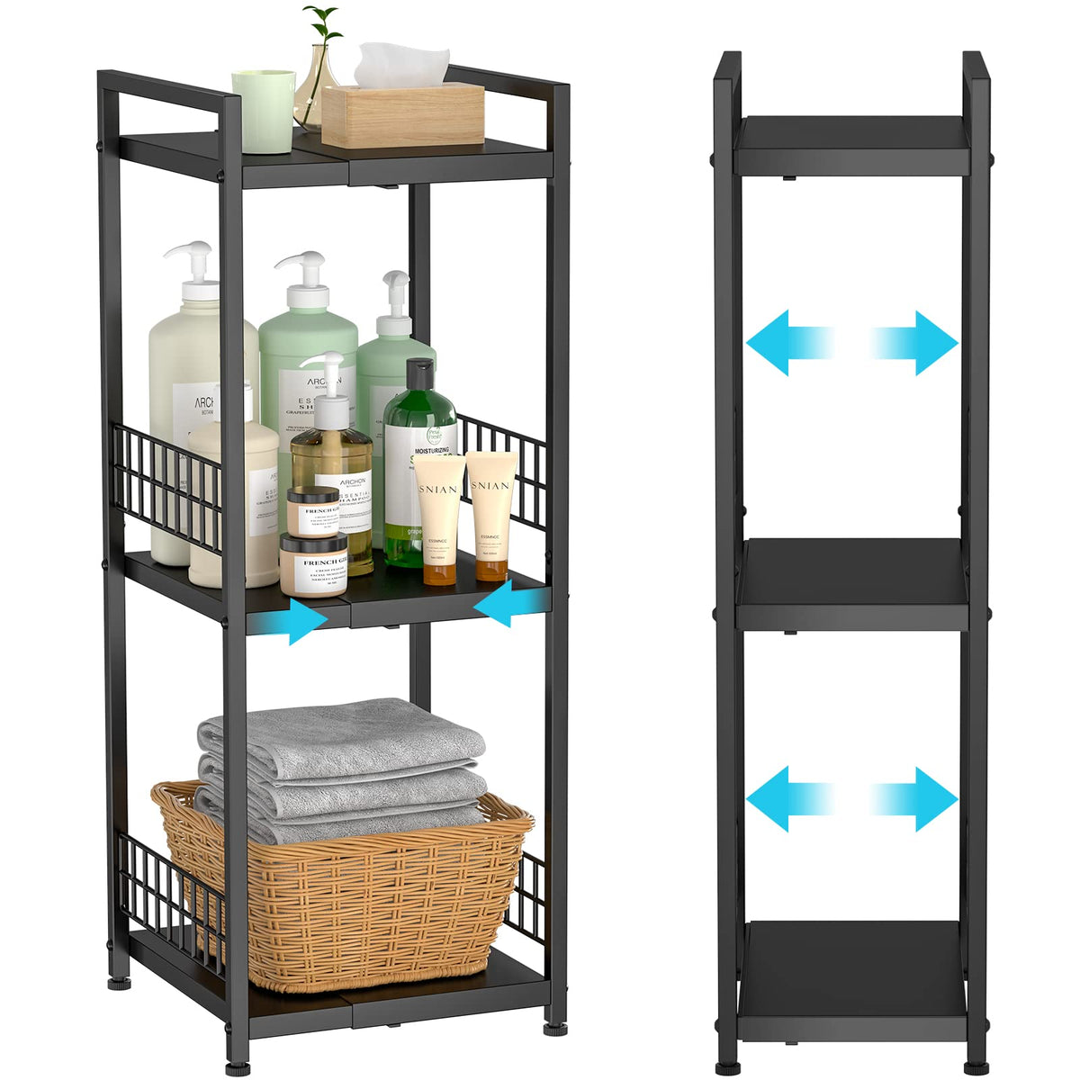 Daoutime 3-Tier Metal Shelving Unit, Expandable, Free-Standing, Narrow, Open Floor Shelves, Ideal For Bathroom, Kitchen, Laundry