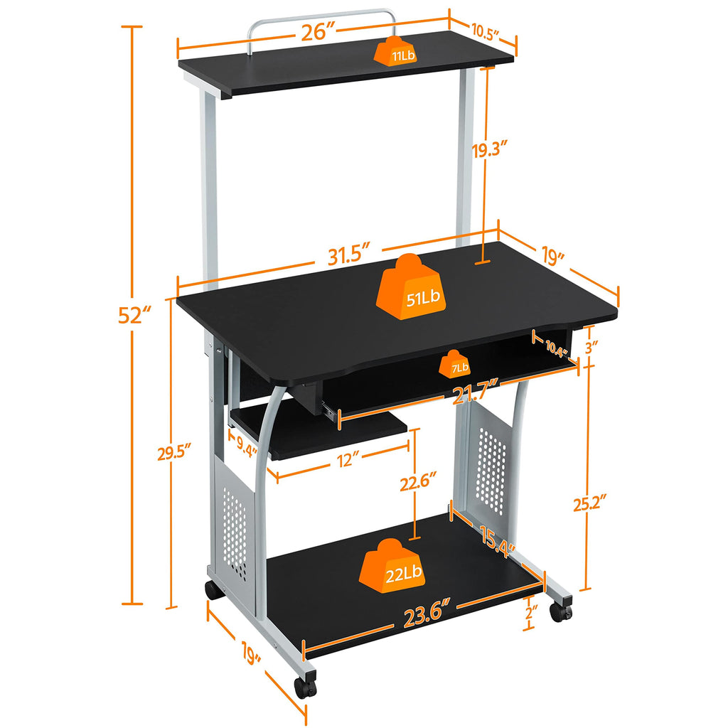 Yaheetech 2 Tier Mobile Computer Desk With Printer Shelf & Keyboard Tray Rolling Computer Table For Small Spaces, Compact Study Workstation With Wheels, Space Saving, Black