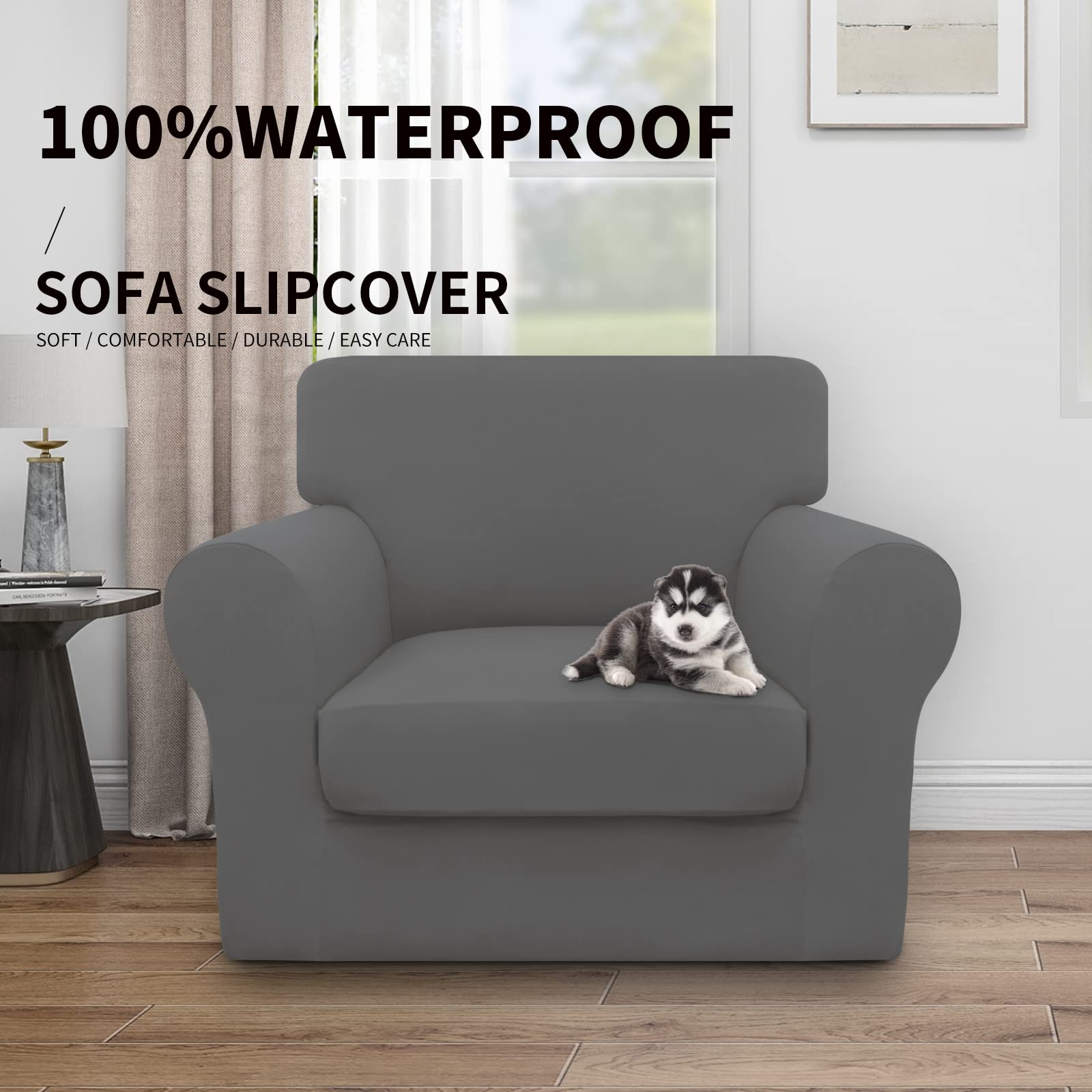 Easy-Going 100% Dual Waterproof 2 Pieces Chair Cover Stretch Soft Couch Cover For Dogs, Sofa Slipcover For 1 Separate Cushion Couch Leakproof Furniture Protector For Kids, Pets Gray