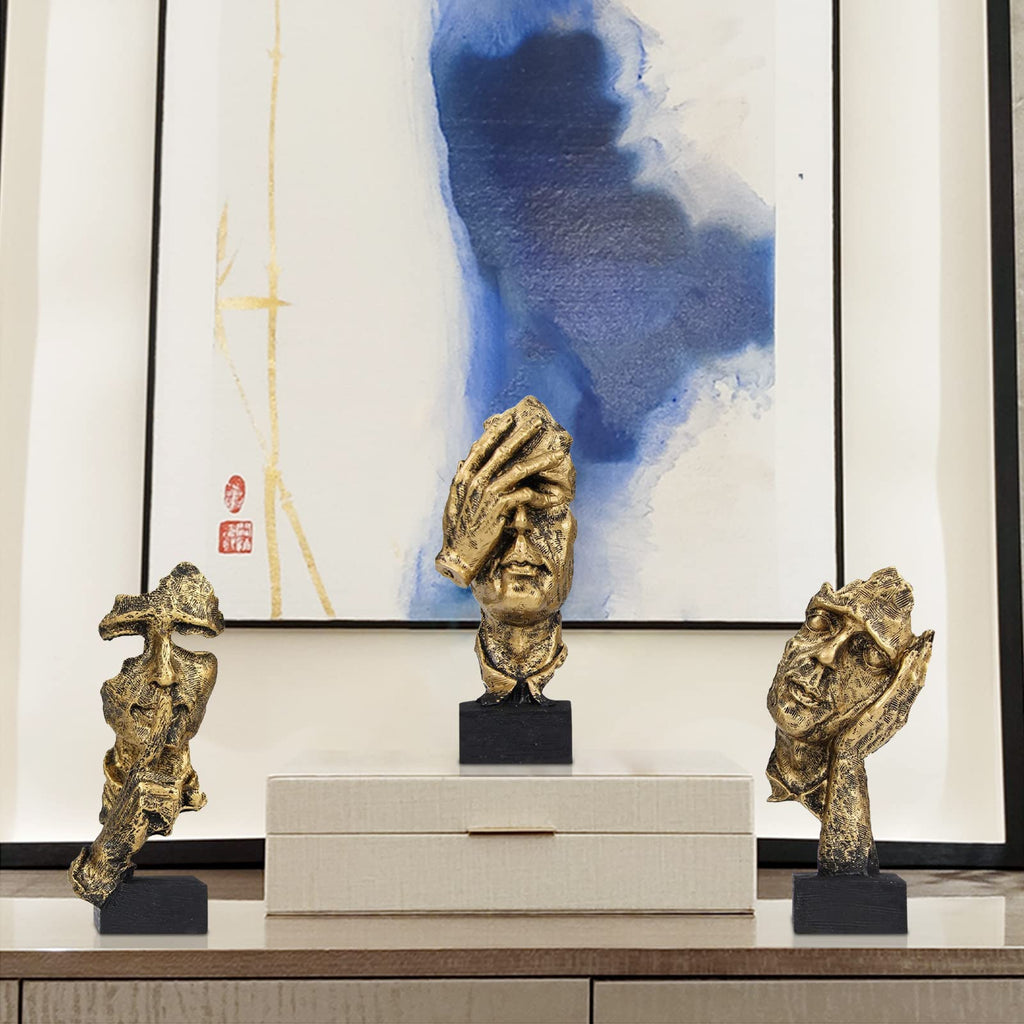Aboxoo 3 Pcs Thinker Statue, Silence Is Gold Abstract Art Figurine, No Hear No See No Speak Modern Home Resin Sculptures Decorat