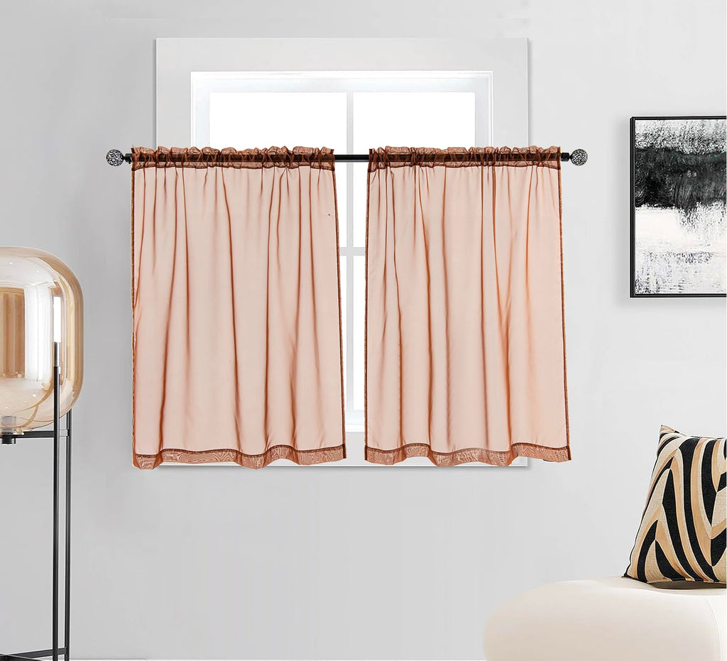 Pi Sheer Curtains,Valance Small Window Treatment Light Voile With Rod Pocket For Café/Kitchen/Bedroom/Living Room 2 Panels (W42Xl30,Caramel Brown)