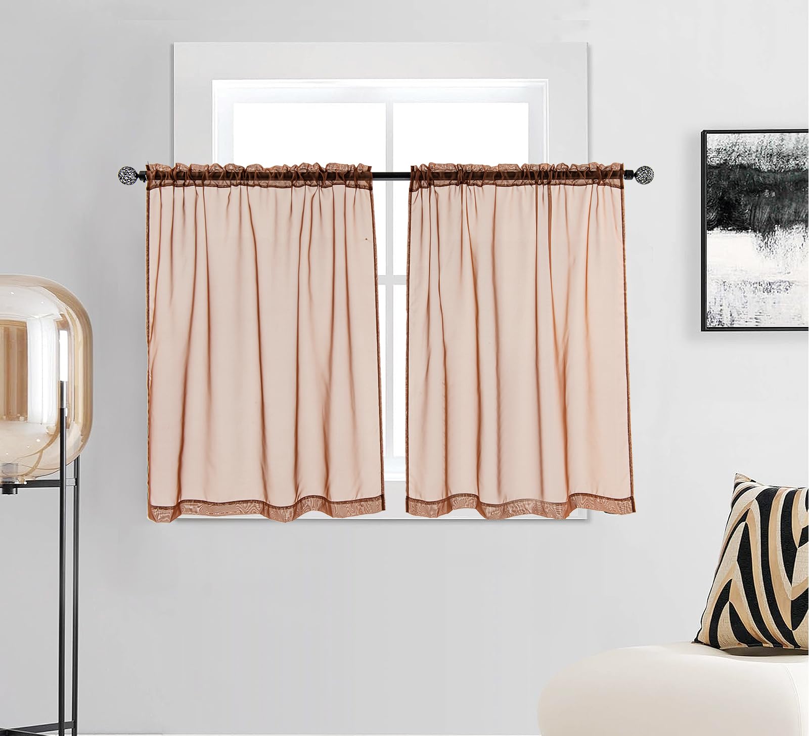 Pi Sheer Curtains,Valance Small Window Treatment Light Voile With Rod Pocket For Café/Kitchen/Bedroom/Living Room 2 Panels (W42Xl30,Caramel Brown)