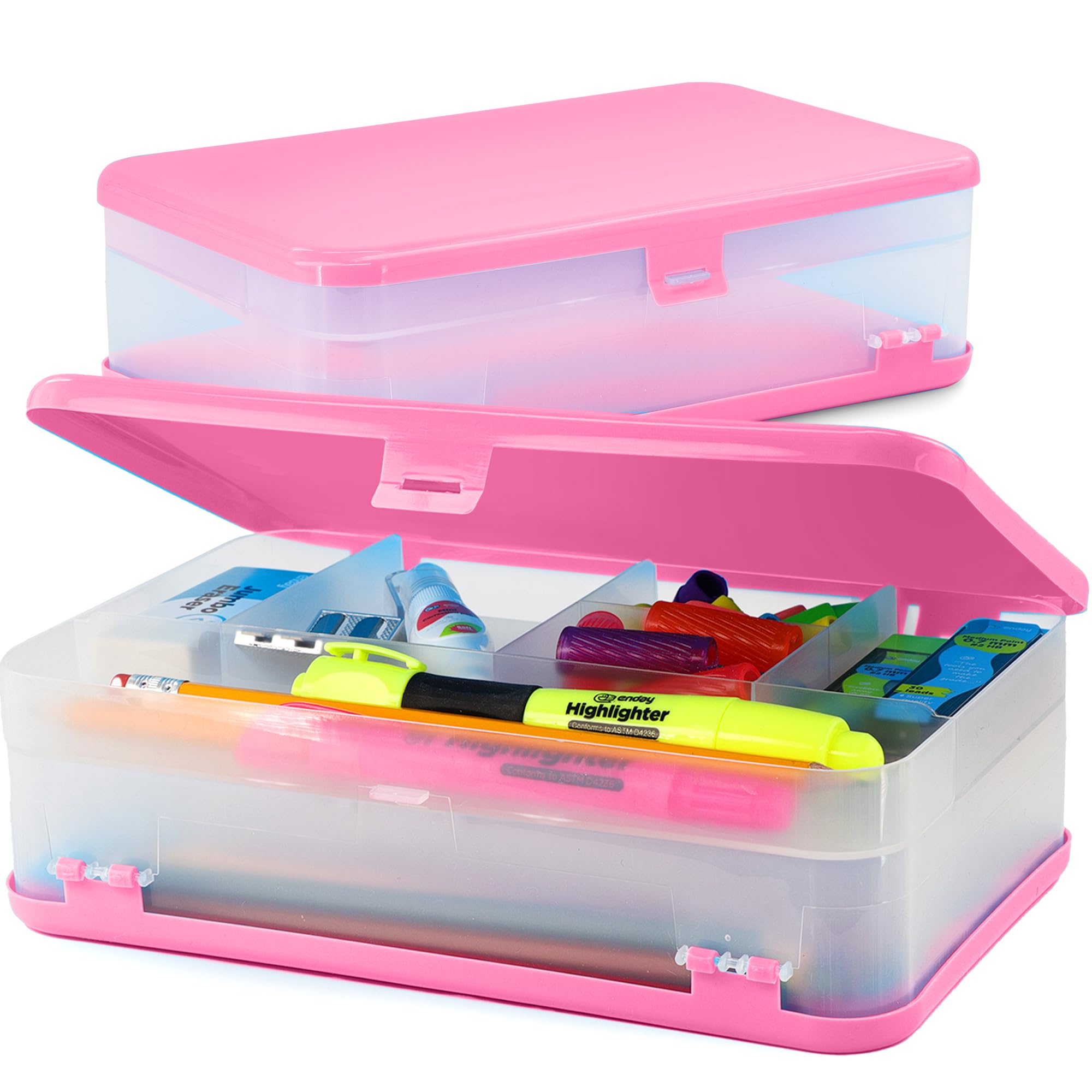 Enday Pencil Box Pink, Large Capacity Plastic Double Deck Box With 12 Compartments, Plastic Pencil Box With Snap-Tight Lid, Hard