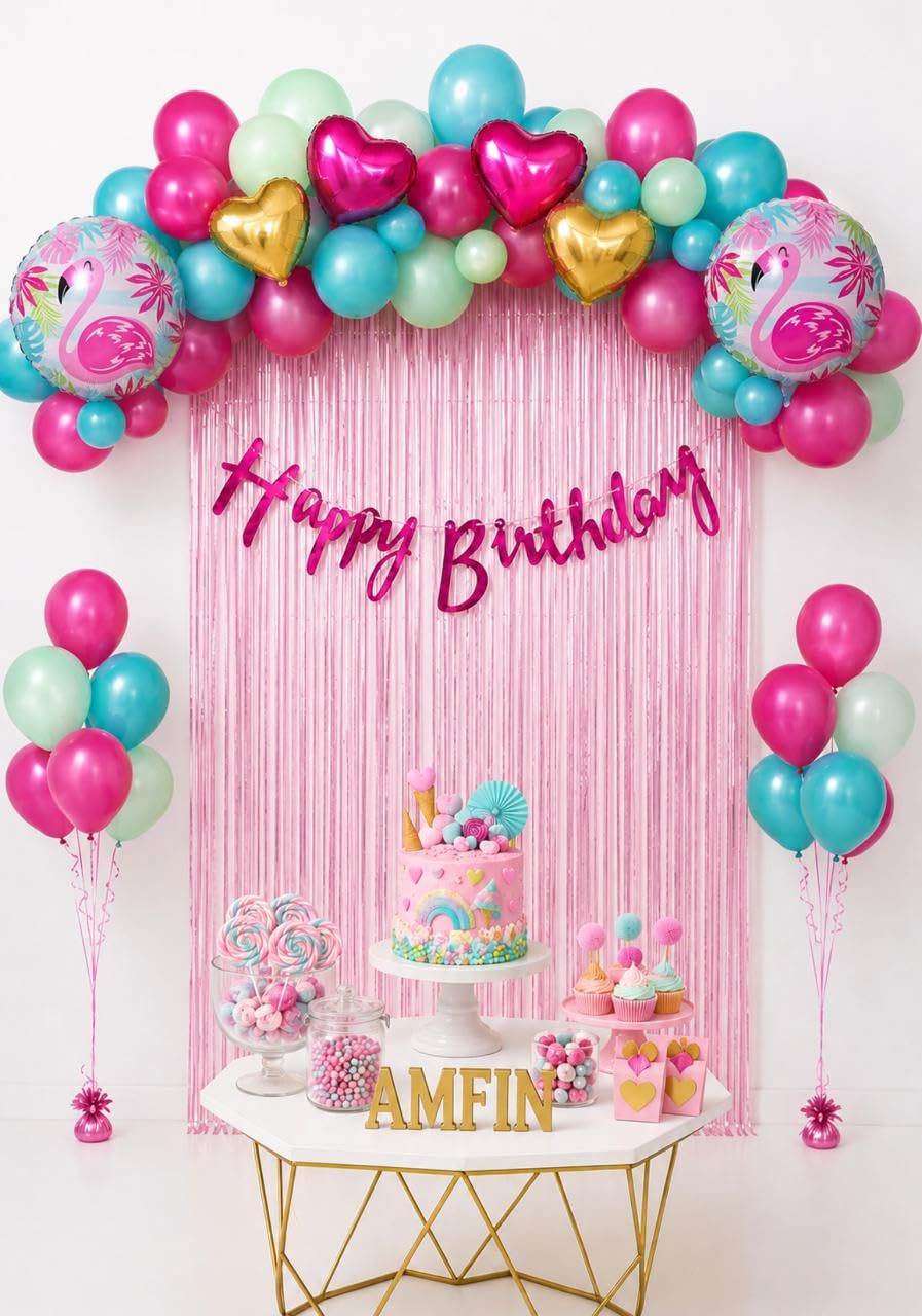 AMFIN (Pack of 43) Flamingo Theme Birthday Decoration Kit Metallic Finish Women Girls Item Pink Green Rainbow Flower