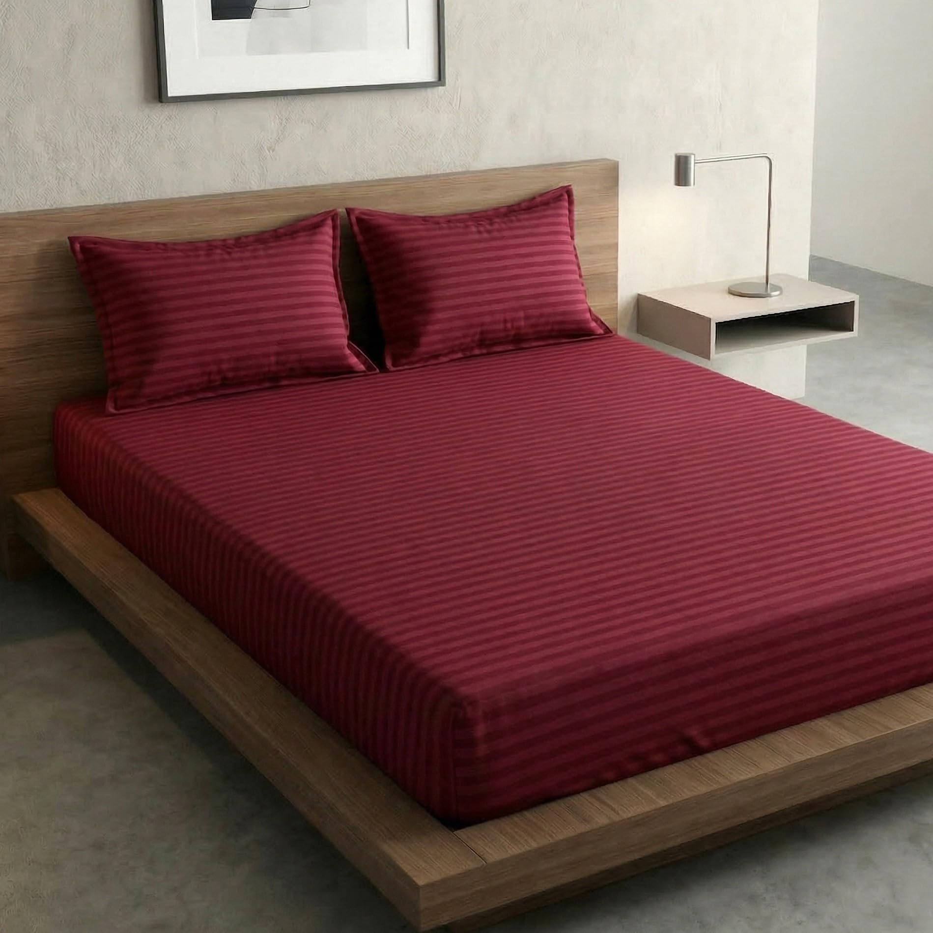 Home Sizzler Microfibre Maroon Satin Stripe Elasticated Fitted Double Bedsheet (72X78 Inches) With 2 Pillow Covers