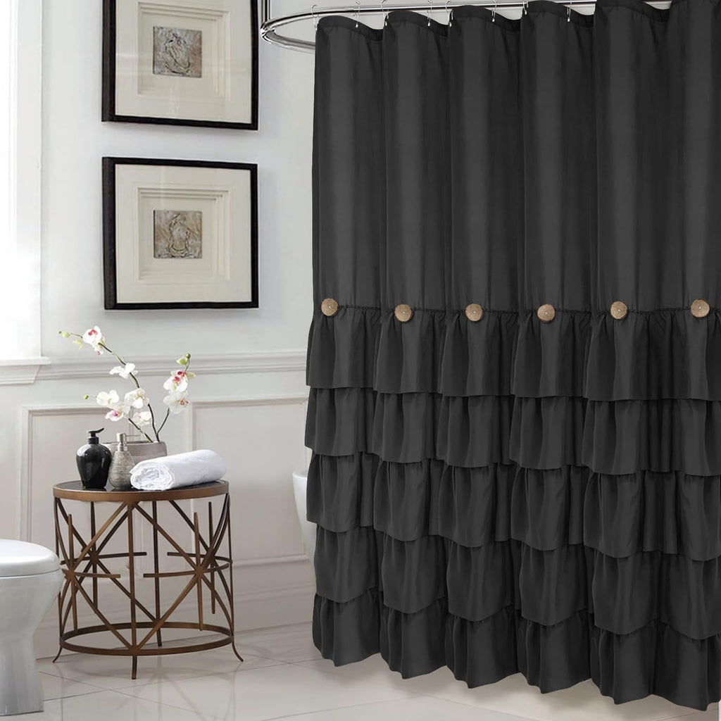 Seasonwood Black Ruffle Shower Curtain Farmhouse Style Black Fabric Shower Curtain Nature Button Shabby Chic Ruffles And French