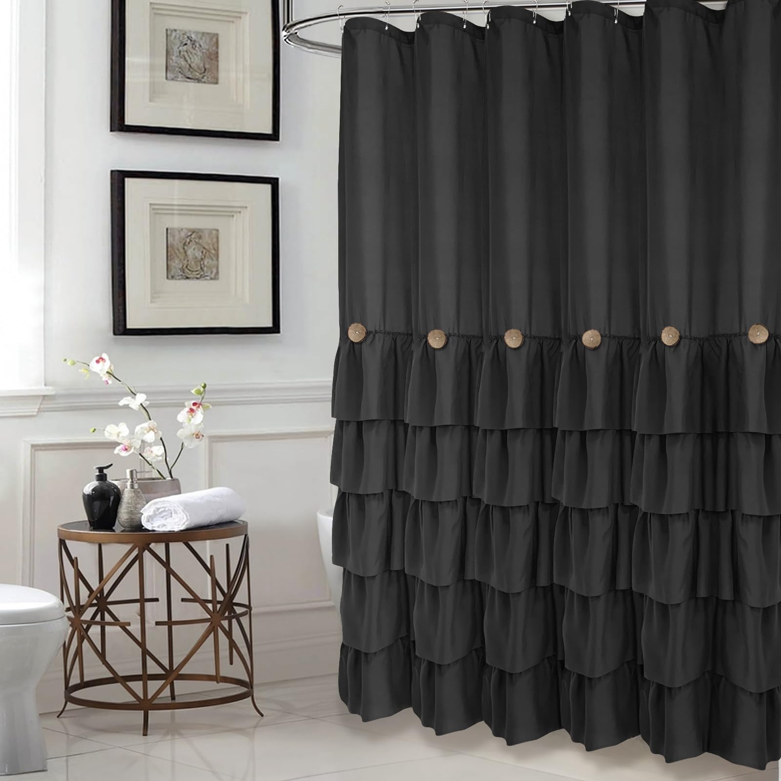 Seasonwood Black Ruffle Shower Curtain Farmhouse Style Black Fabric Shower Curtain Nature Button Shabby Chic Ruffles And French