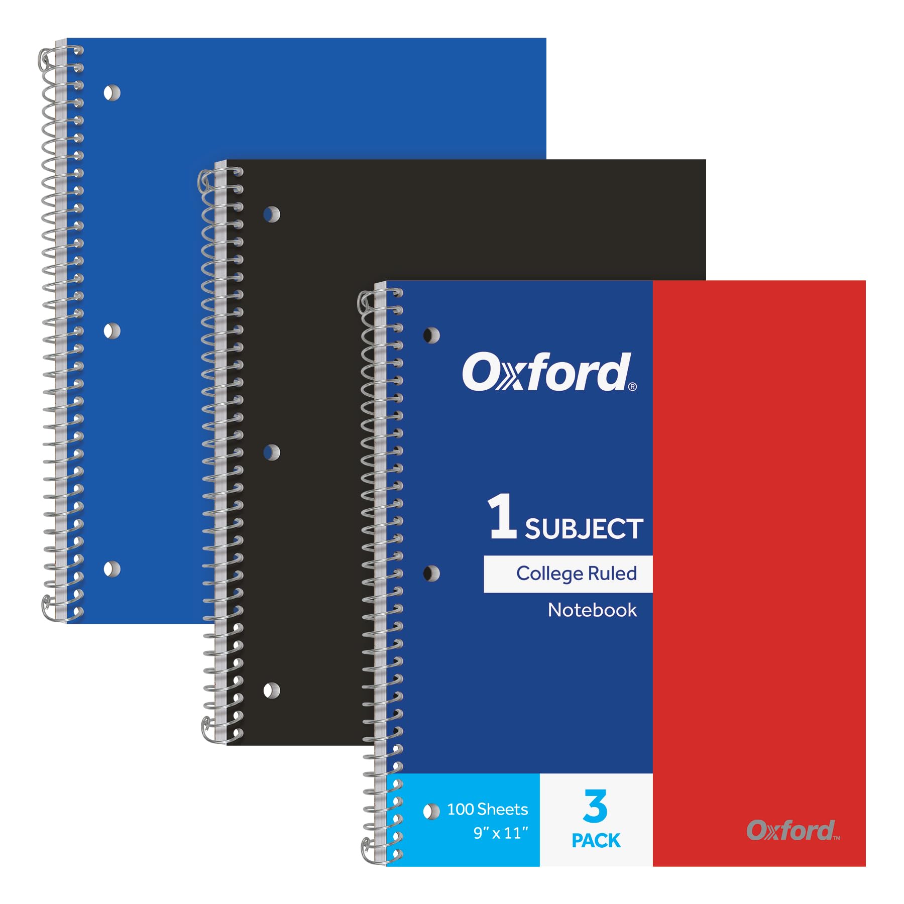 Tops Oxford Spiral Notebooks, 1 Subject, College Ruled Paper, Durable Plastic Cover, 100 Sheets, Divider Pocket, 3 Per Pack (103