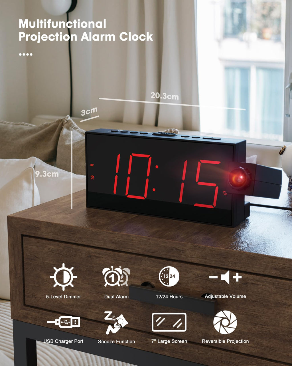Onlyee Projection Alarm Clock For Bedroom,Led Digital Clock On Ceiling Wall With Usb Phone Charging,Battery Backup,180 Rotatable