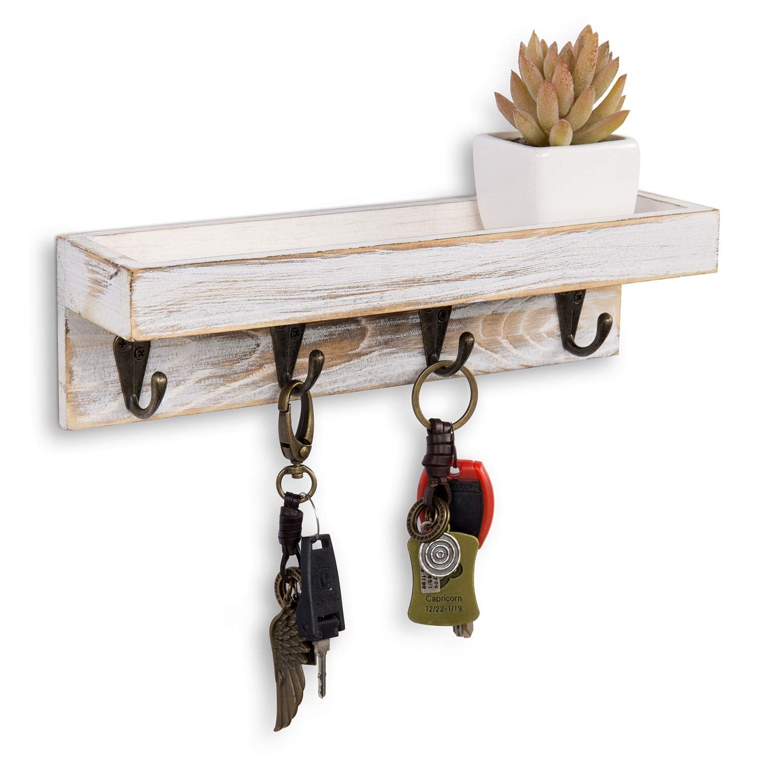 MyGift 10 Inch Floating Wall Shelf with Hooks, Whitewashed Wood Entryway Storage Shelf with 4 Metal Key Hooks