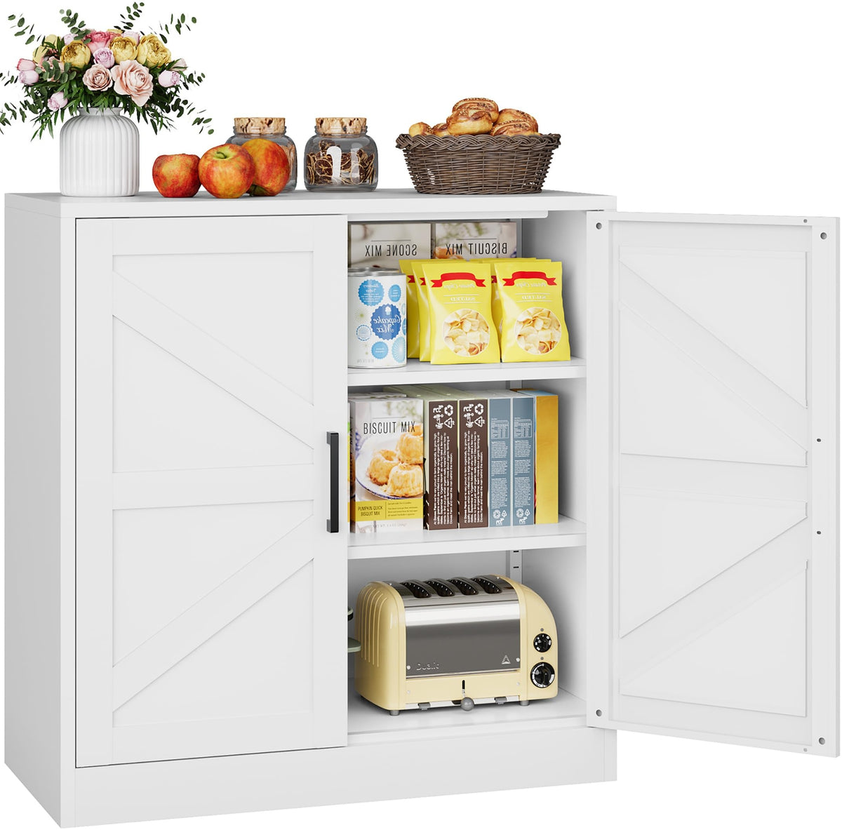 White Storage Cabinet with Doors and Adjustable Shelves,36 Farmhouse Food Pantry Cabinets,Small Sideboard Cabinet,Short Metal S