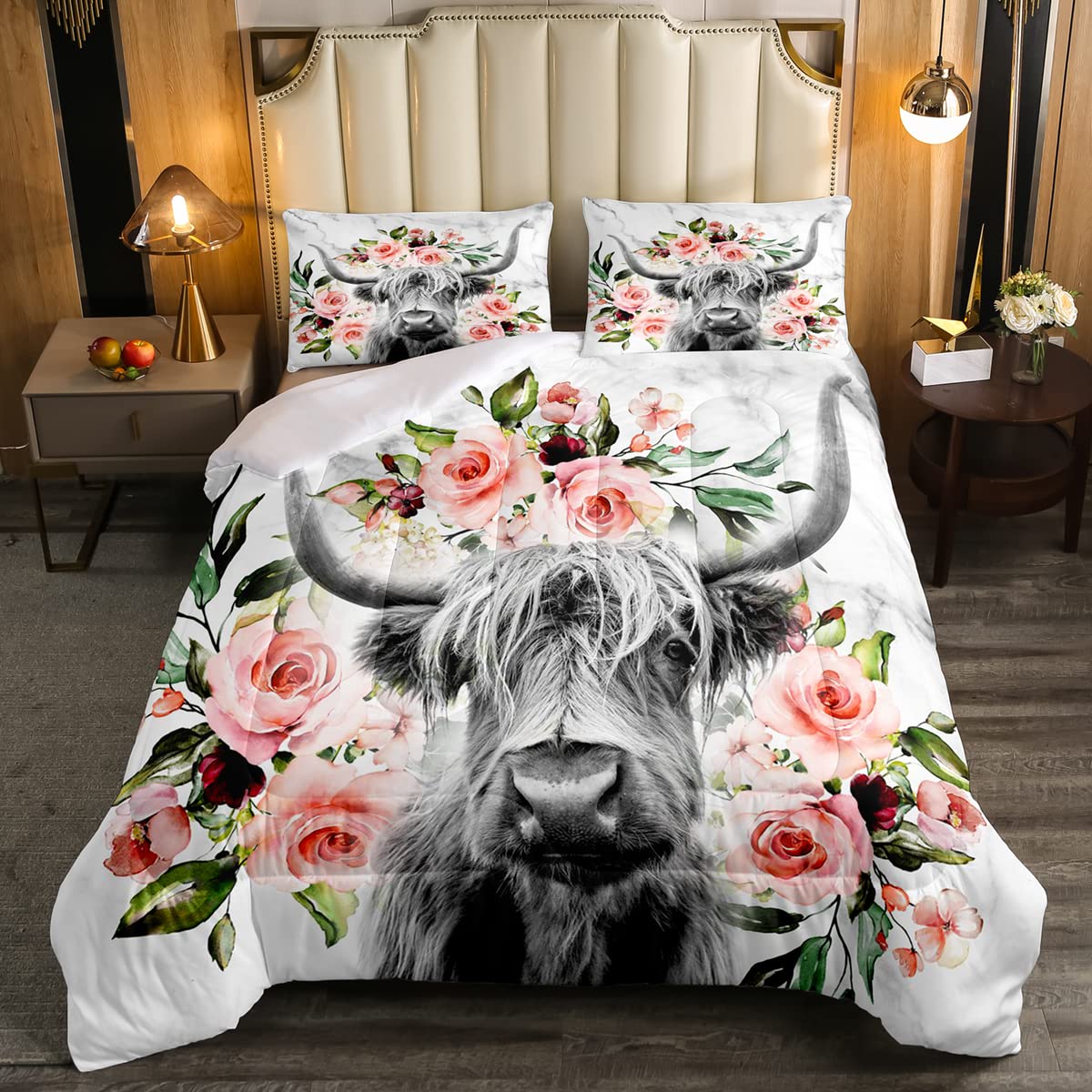 Erosebridal Highland Cow Flower Comforter Set Twin Size Bull Cattle Bedding Set Western Funny Animal Bedding Set Wildlife Farmho