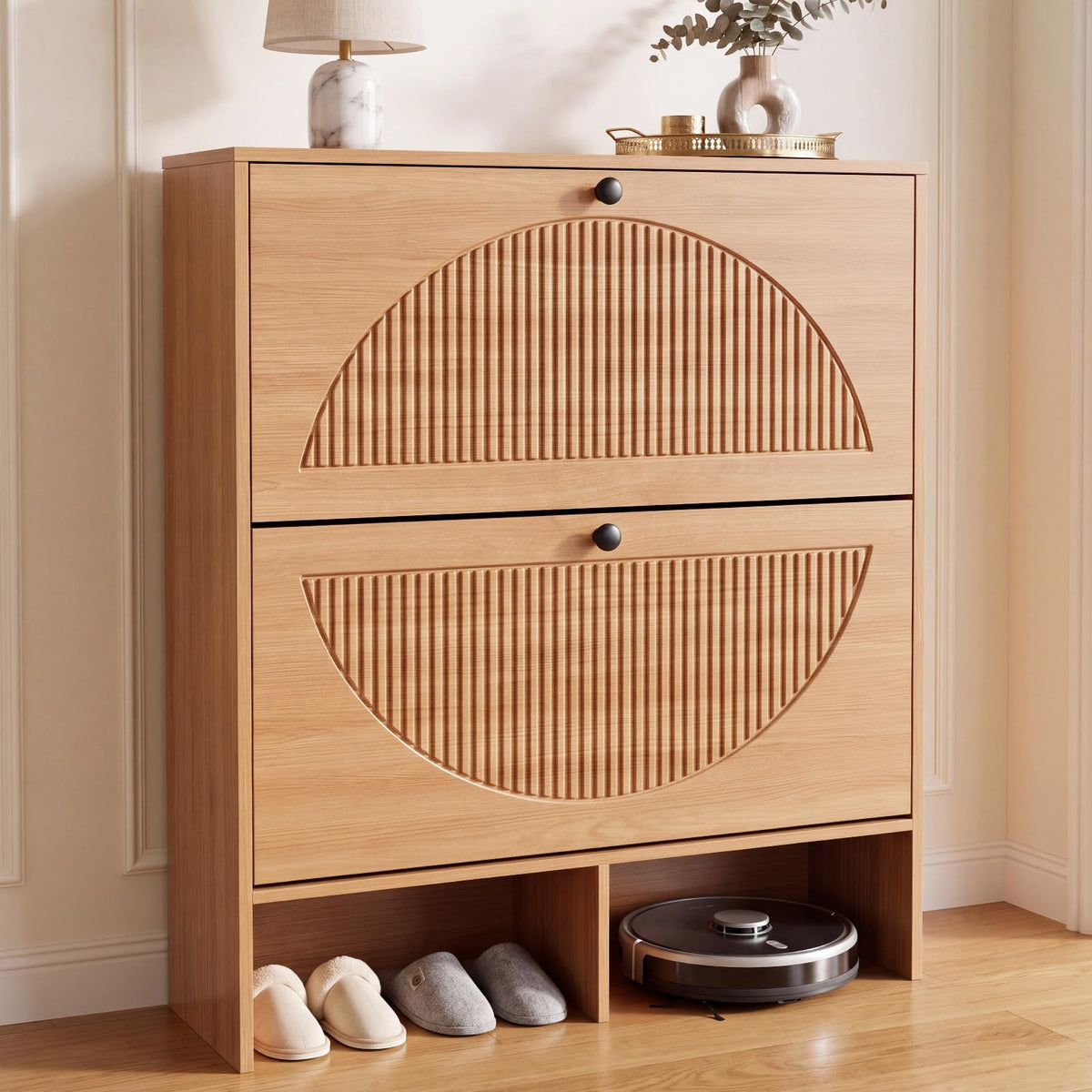 GRUSIGN Shoe Cabinet with 2 Flip Drawers, Narrow Shoe Cabinet Storage for Entryway, Freestanding Shoe Organizer with Adjustable 