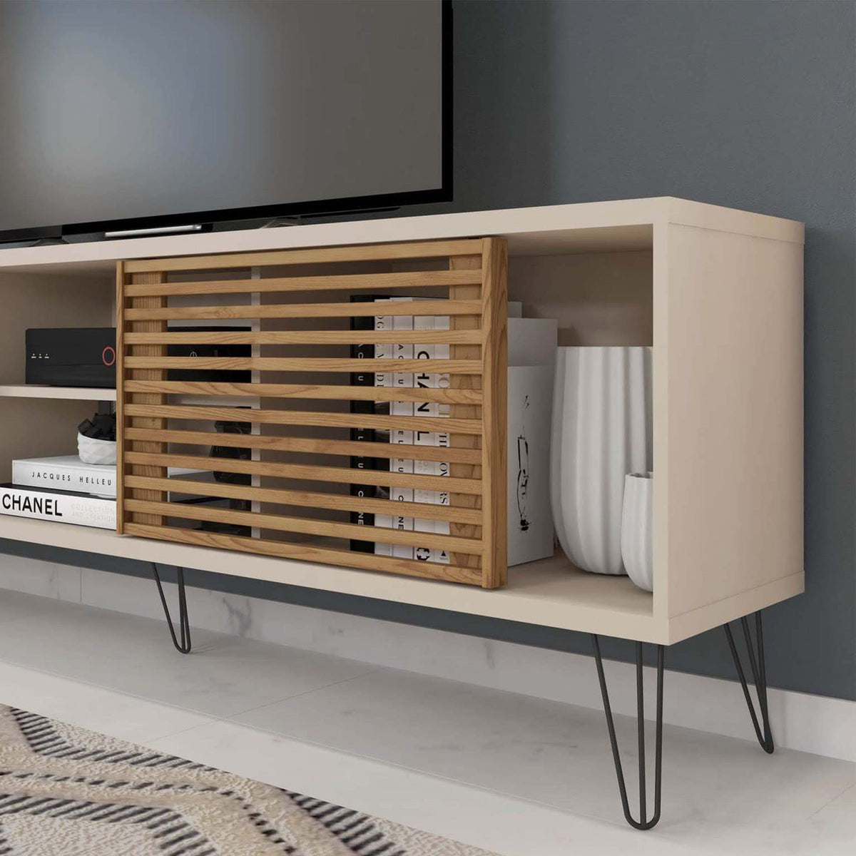 Woodpeckers Furniture And Mattress Frizz Mid-Century Modern TV Stand for 70 Inch TV (Beige - Brown)