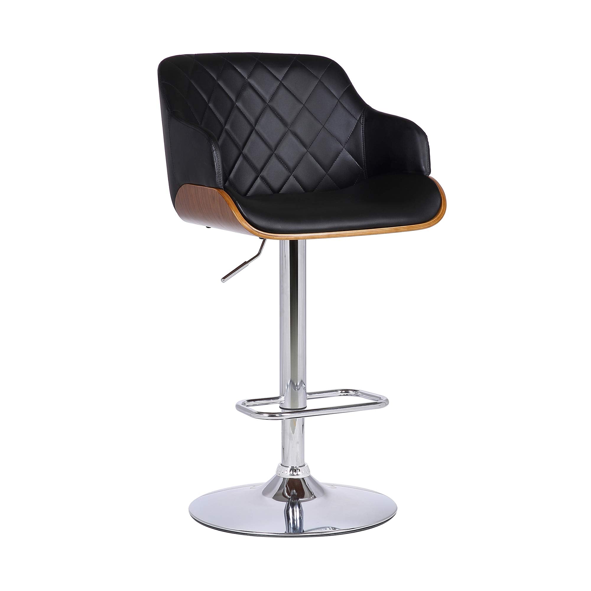 Armen Living Toby Faux Leather Swivel Barstool, Adjustable, Black, Chrome, Walnut