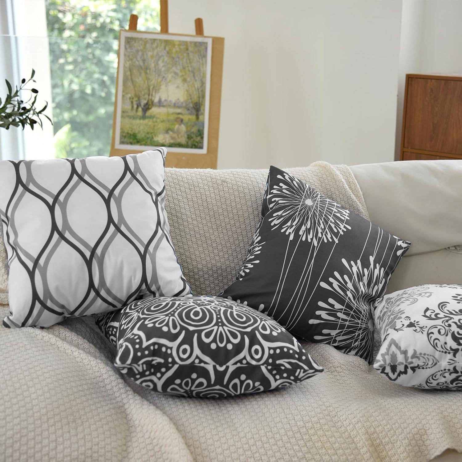 Decorative Throw Pillow Covers 16X16 Set Of 4, Dark Grey And White Modern Simple Square Pillow Case Cushion Cover For Sofa Couch