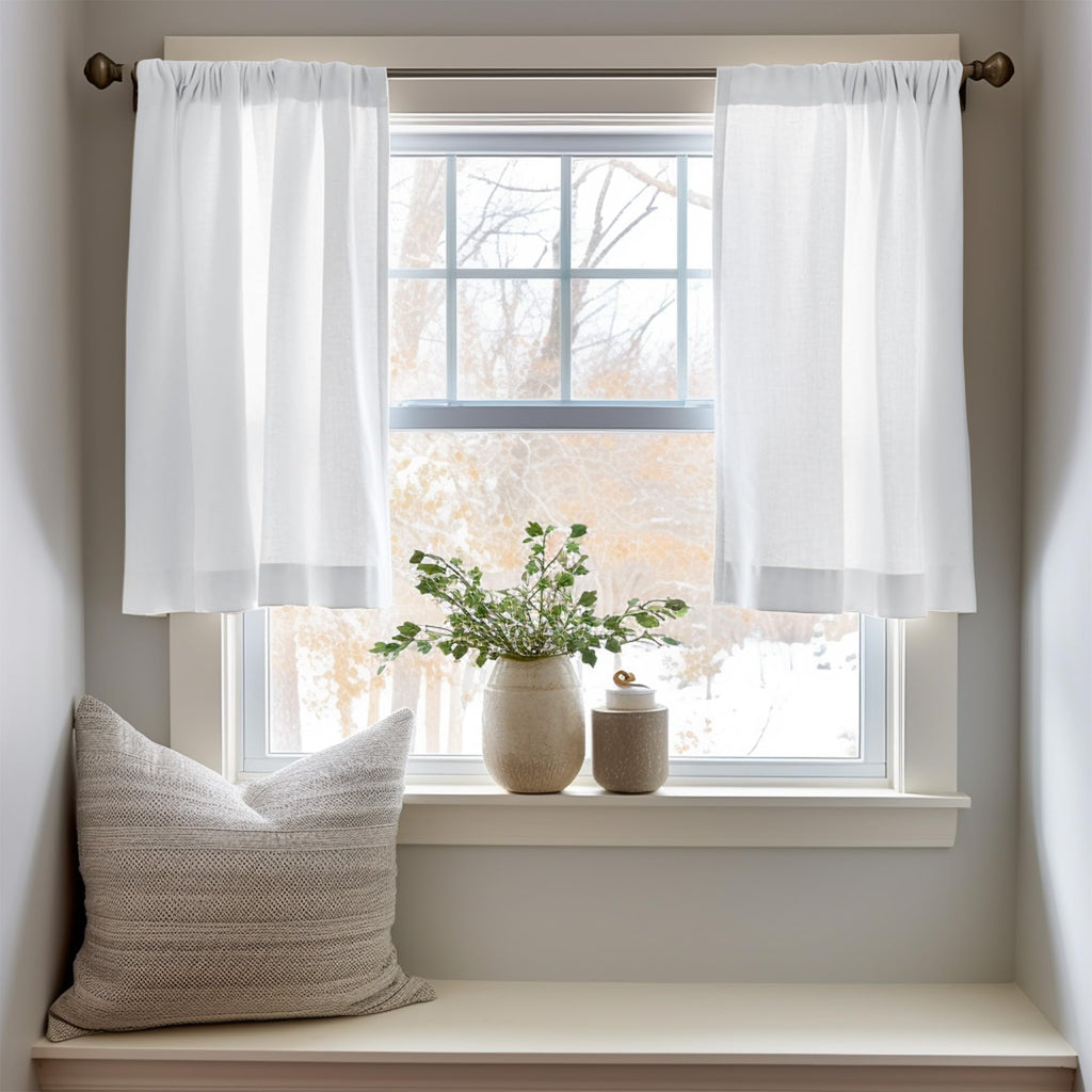 Jinchan Linen Textured Tier Curtains 36 Inch For Kitchen Windows Country Farmhouse Cafe Small Curtains Rustic Light Filtering Half Curtains For Living Room Laundry Bathroom Rod Pocket 2 Panels White