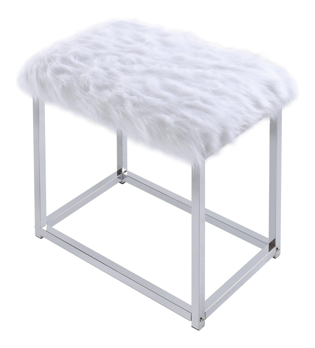 Acme Adao Vanity Mirror & Stool in Faux Fur Mirror White & Chrome Finish