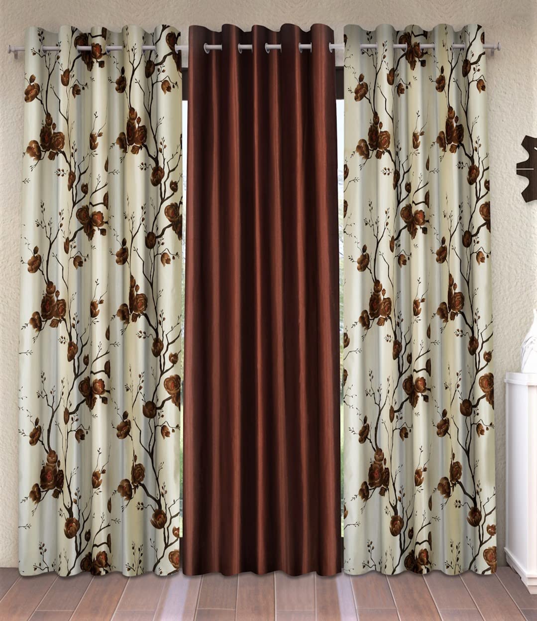 Fashion String 3 Piece 3D Tulips Eyelet Polyester Door Curtains  7 Feet, Brown