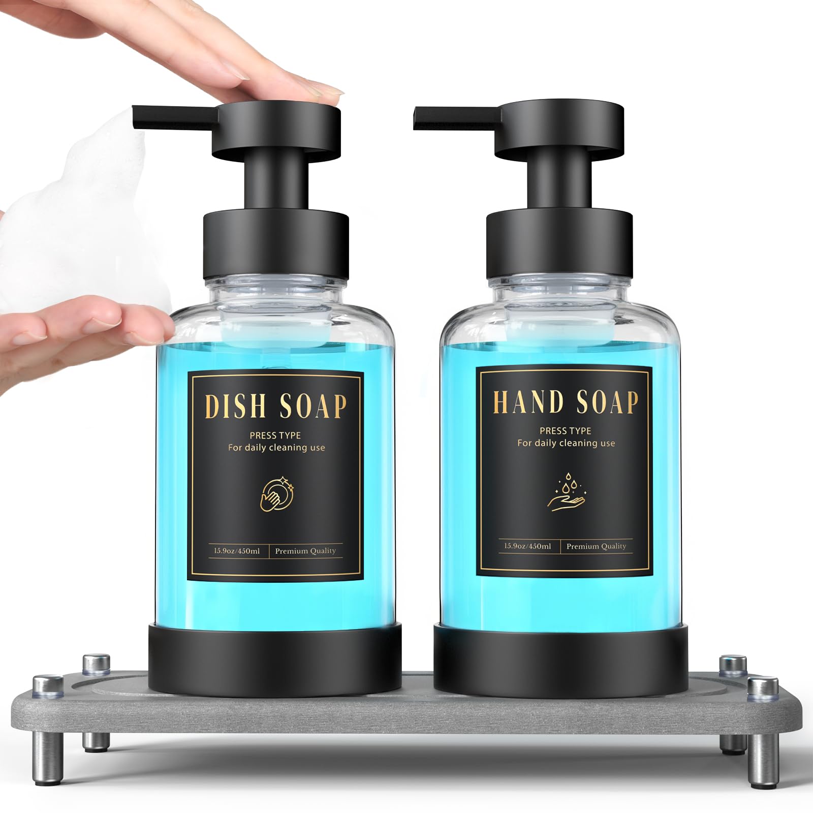 Luxspire Foaming Soap Dispenser, Non-Slip Hand Soap Dispenser with Fast Drying Tray, 15oz Glass Refillable Liquid Bottle for Bat