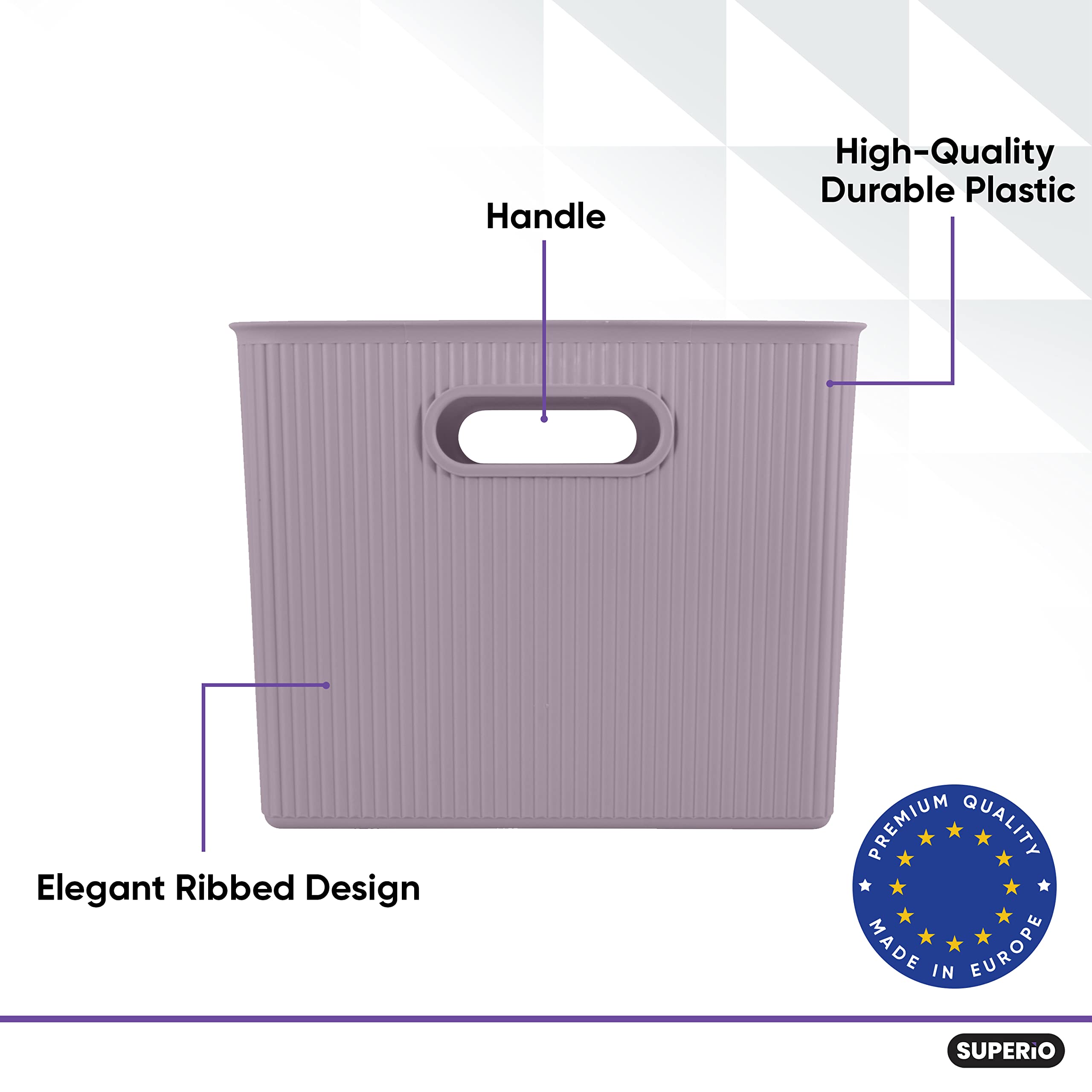 Superio Ribbed Collection - Decorative Plastic Open Home Storage Bins Organizer Baskets, X-Large Lilac Purple (2 Pack) Container