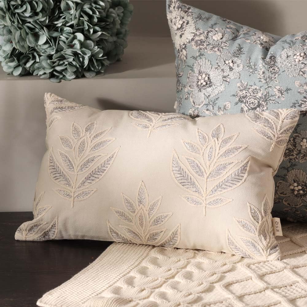Esq Living Leaf Rectangular Embroidered Cotton Cushion Cover 50X30Cm | 100% Cotton Material With Zipper Closure| Bedroom Sofa Ch