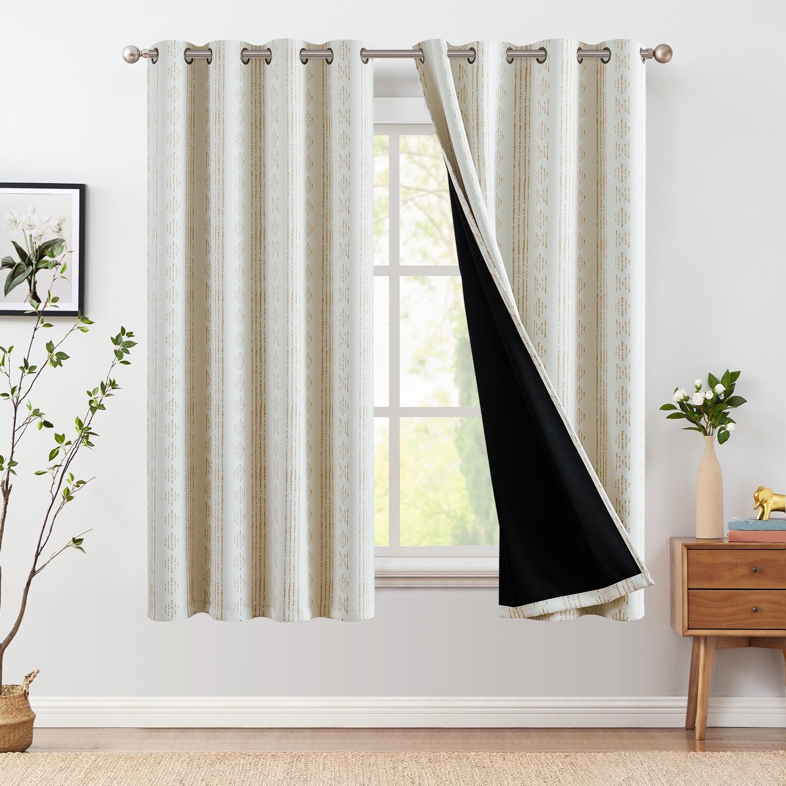 Jinchan 100% Blackout Boho Curtains 63 Inch Length For Bedroom Beige Geometric Printed Grommet Top Room Darkening Thermal Insulated Window Drapes 2 Panels