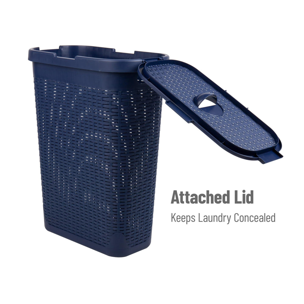 Mind Reader 40L Slim Laundry Hamper, Clothes Basket, Lid, Wicker Design, Plastic, 18''L X 10.4''W X 23.5''H, Navy