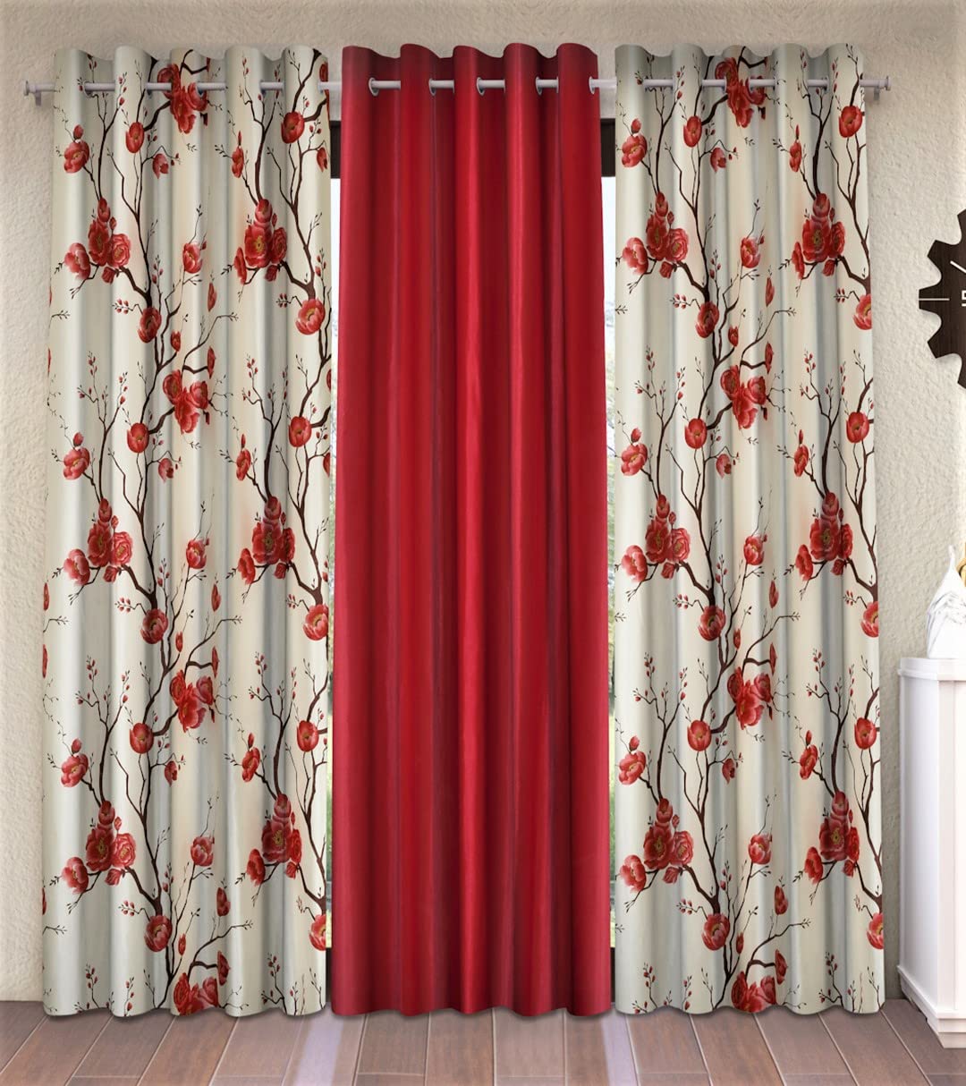 Fashion String 3 Piece 3D Tulips Eyelet Polyester Window Curtains  5 Feet, Maroon