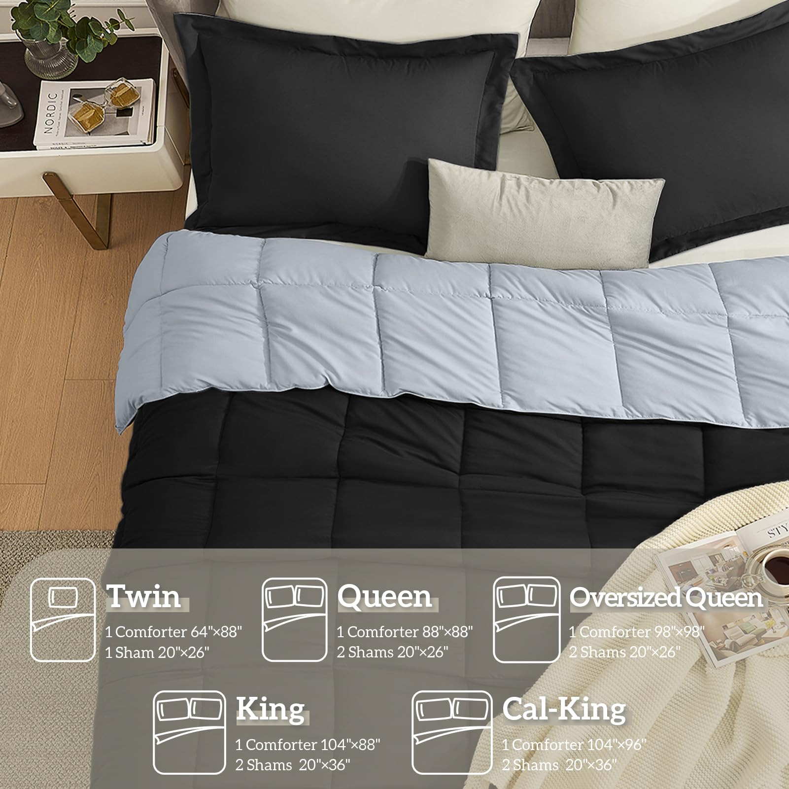 Homelike Moment Oversized Queen Comforter Set Black, Lightweight Reversible Down Alternative Bed Comforter Sets, Soft All Season