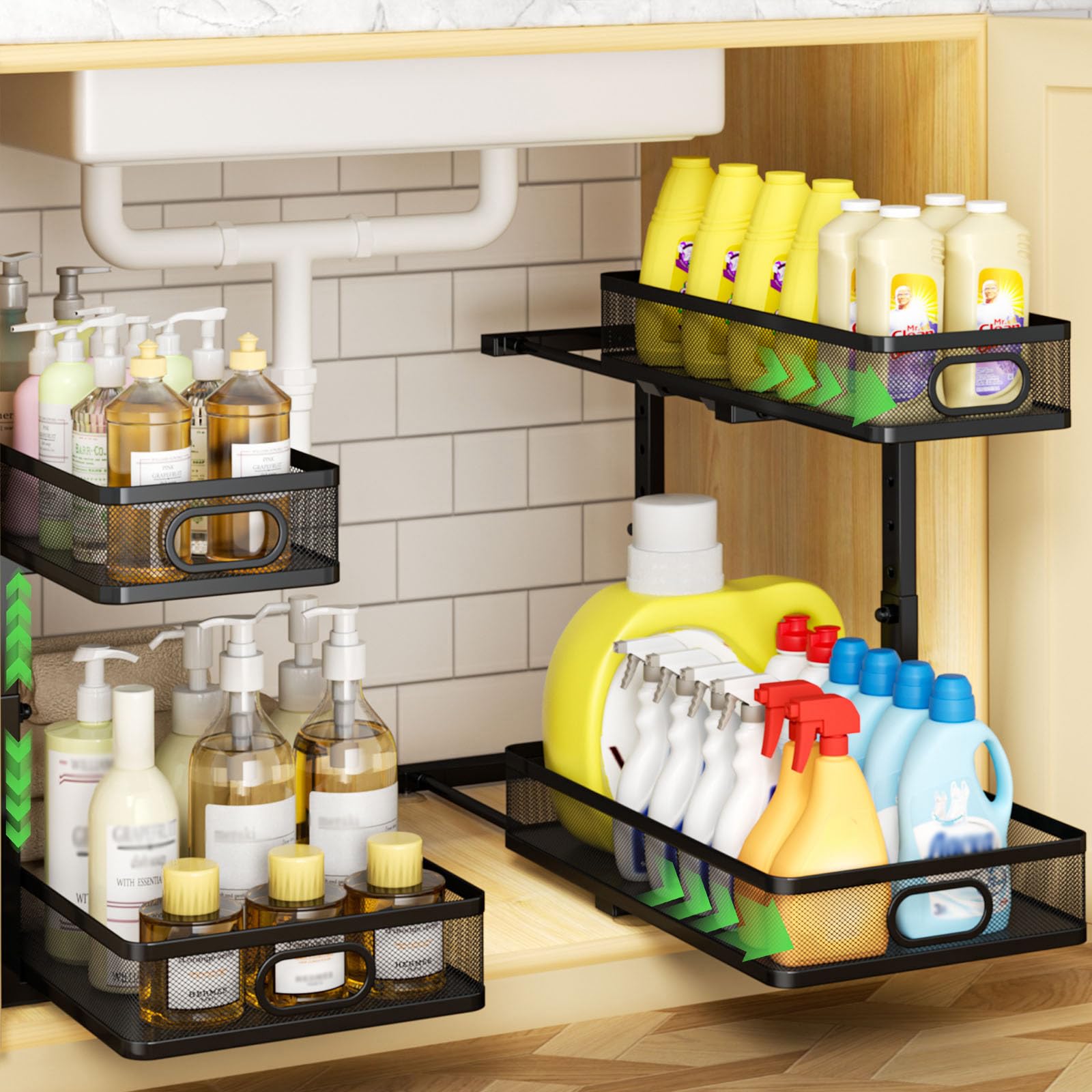 Aurikar Under Sink Organizer, 2 Tier Pull Out Cabinet Shelf With Slide Out Mesh Drawers, Height Adjustable Under Sink Storage Ra