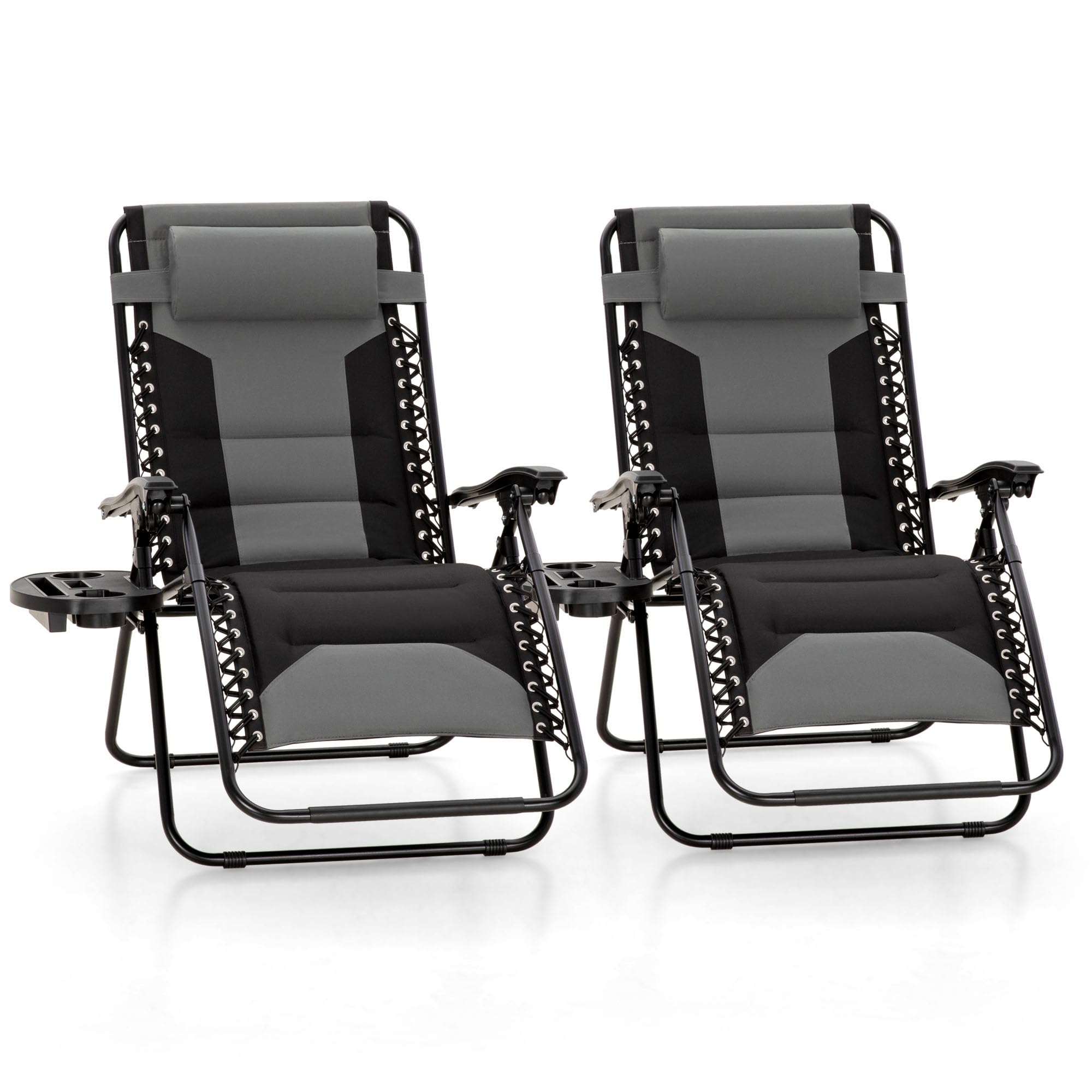MFSTUDIO Padded Zero Gravity Chair Set of 2, Folding Patio Lounge Recliner with Adjustable Pillows & Cup Holder for Poolside Bac