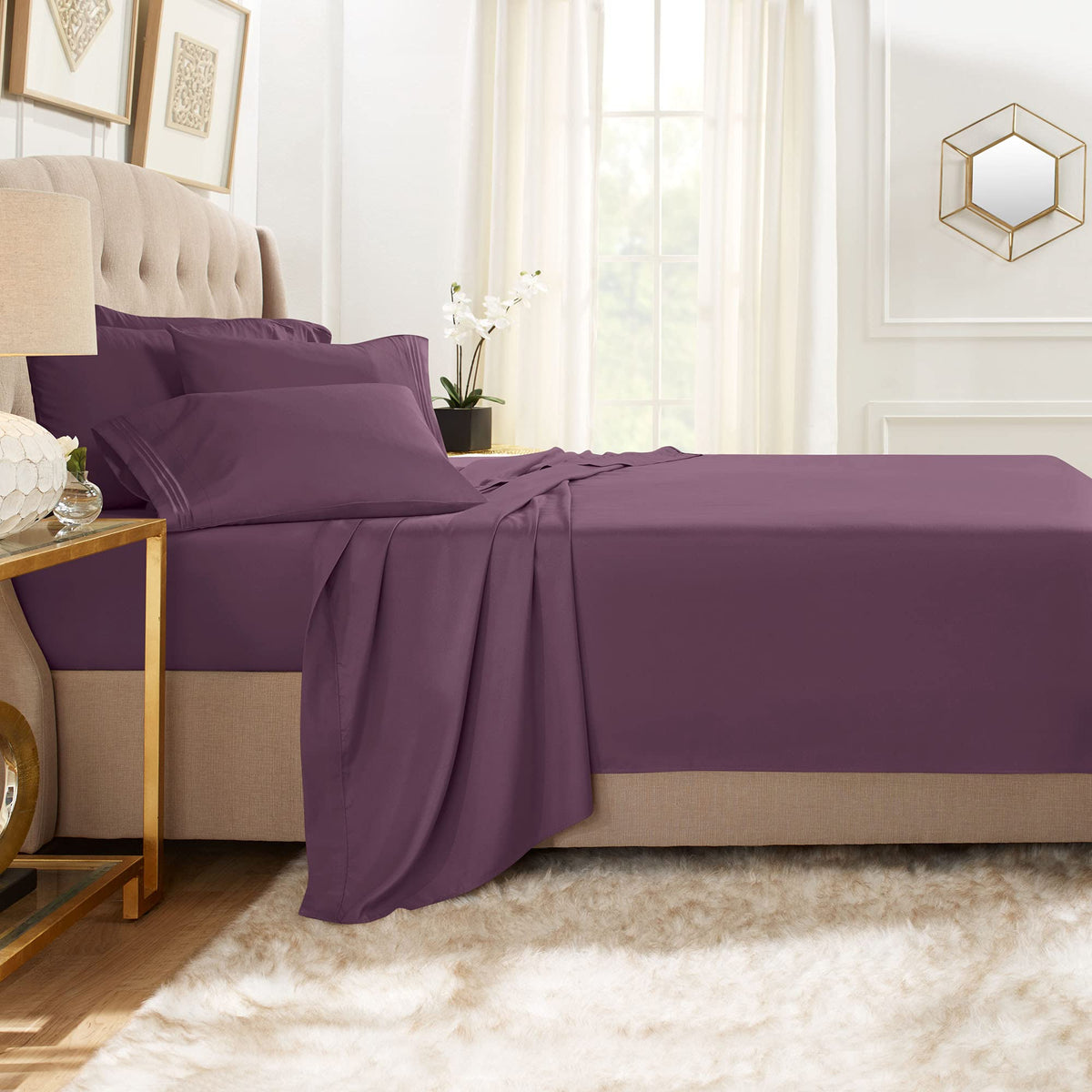 Clara Clark Queen Sheets, 6 Piece Set - Hotel Luxury Sheets For Queen Size Bed, Super Soft Bedding Sheets & Pillowcases, Queen Size Sheets, Eggplant Purple