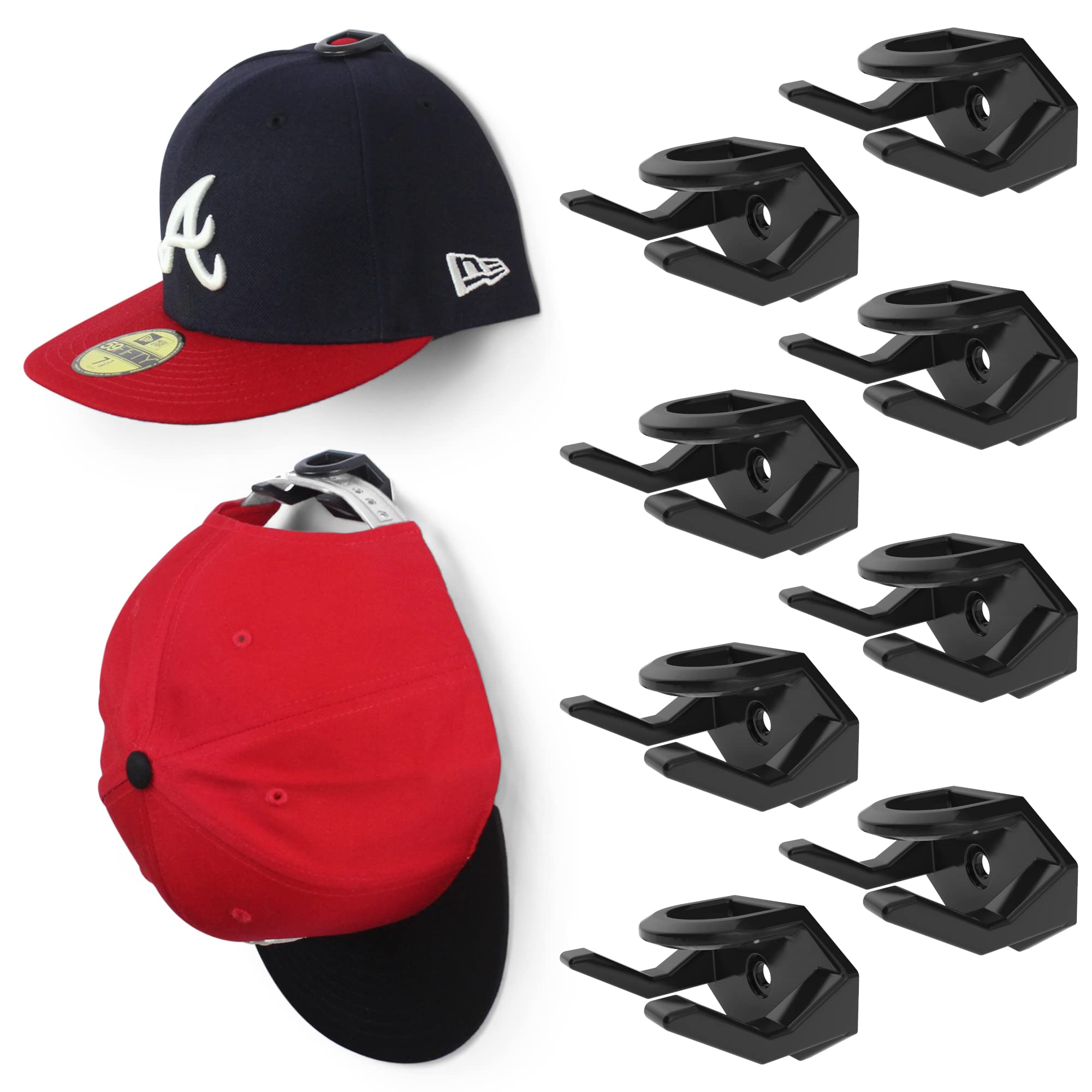 Modern JP Adhesive Hat Hooks for Wall (8-Pack) - Hat Rack for Baseball Caps, Minimalist Hat Display, Strong Hold Hat Hangers for