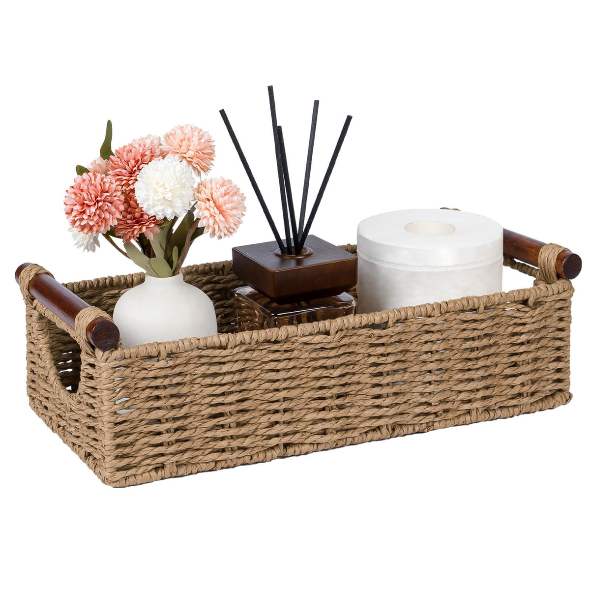 CubesLand Small Wicker Toilet Basket Tray Organizer W/Cut Out Handle