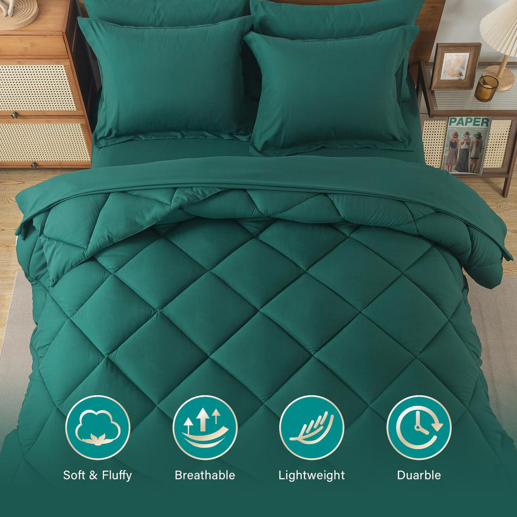 Cosybay Bed In A Bag Full Comforter Sets 7Pcs All Season Solid Down Alternative Bedding Sets Dark Green With Comforter, Pillow S