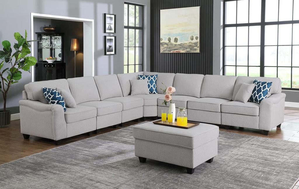 Lilola Home Leo Light Gray Linen 8Pc Modular L-Shape Sectional Sofa and Ottoman