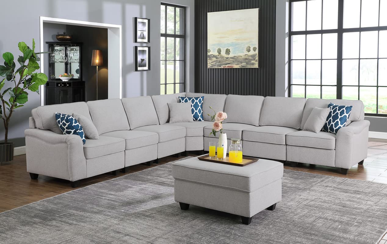 Lilola Home Leo Light Gray Linen 8Pc Modular L-Shape Sectional Sofa and Ottoman