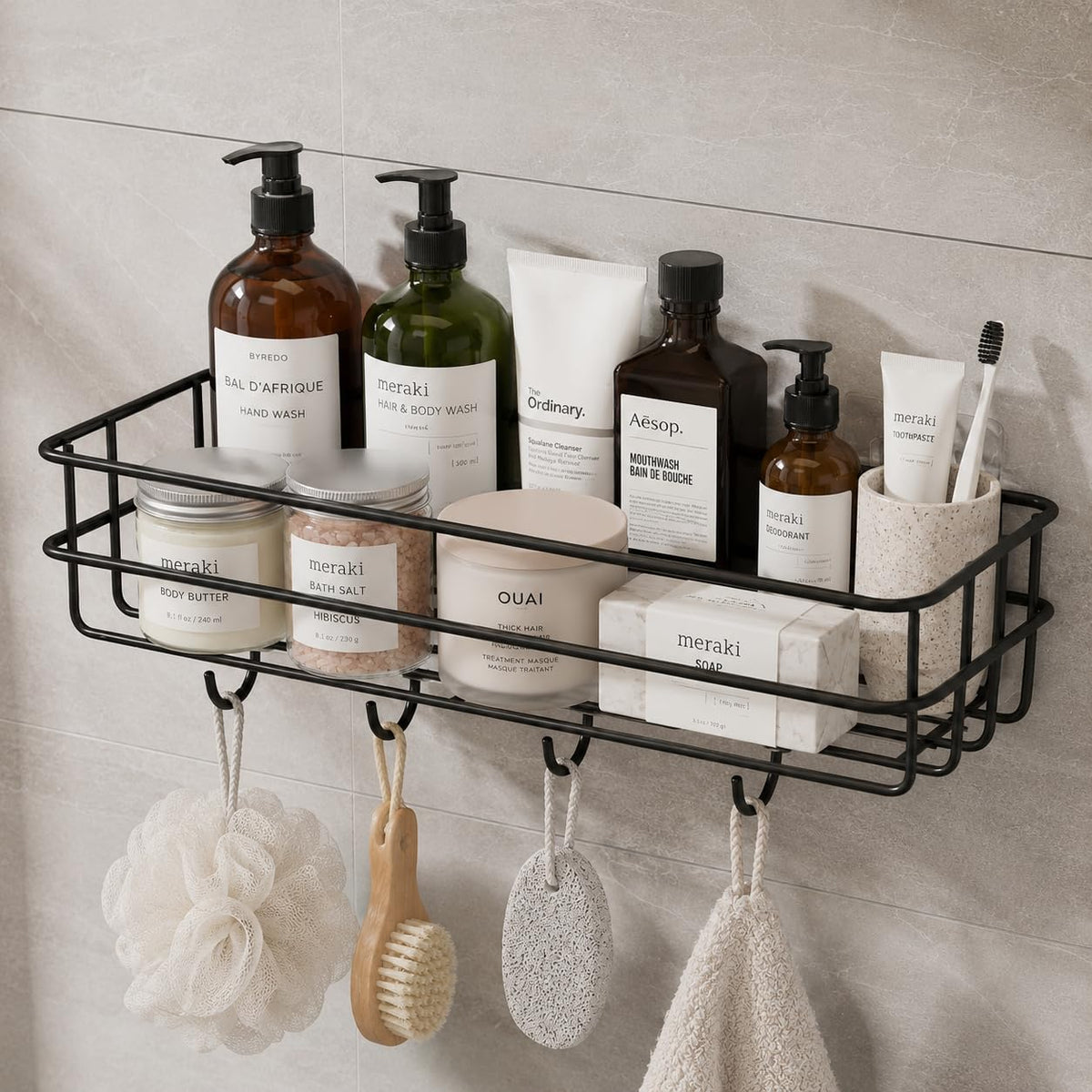 MittiLok Bathroom Wall Shelf with Hooks | Self Adhesive Shower Caddy Organizer | No Drill Bathroom Storage Rack for Shampoo, Soa