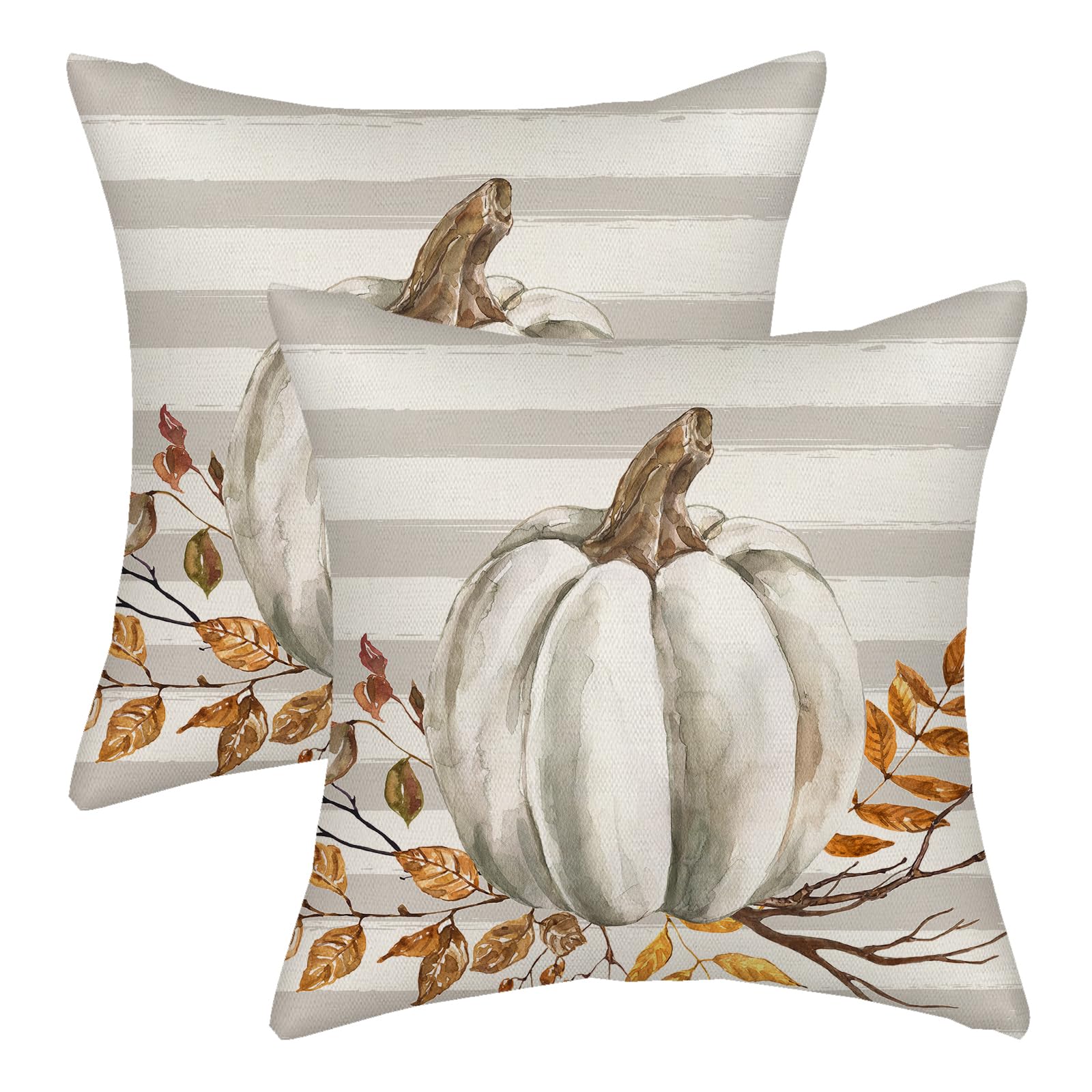 Fall Pillow Covers 18X18 Gray Stripes Pumpkin Decor Throw Pillows Case For Couch Maple Leaves Autumn Harvest Indoor Outdoor Deco