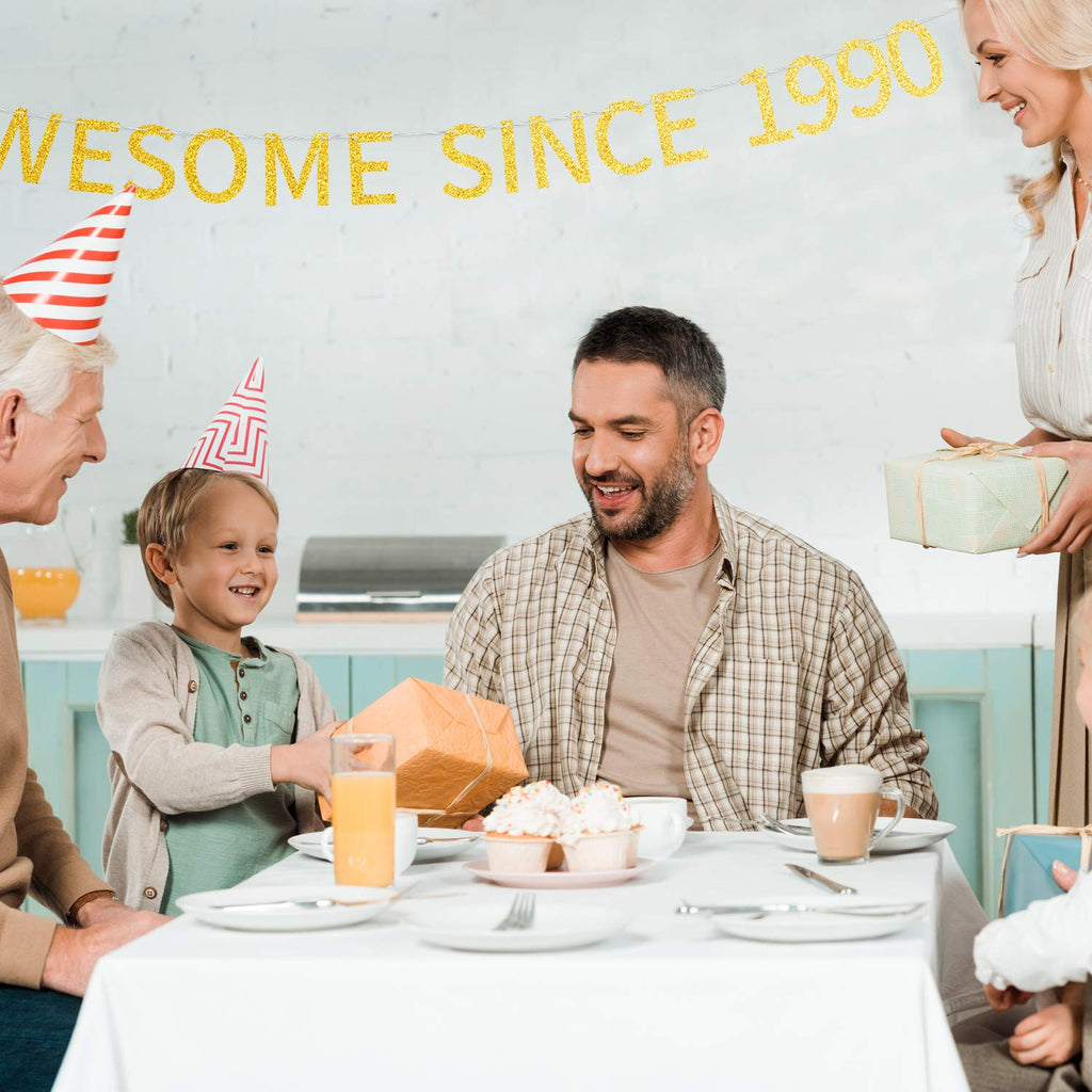Awesome Since 1990 Pre-Strung Gold Glittery 34Th Birthday Banner 34 Thirty Four Old Birthday Party Decorations For Men Women