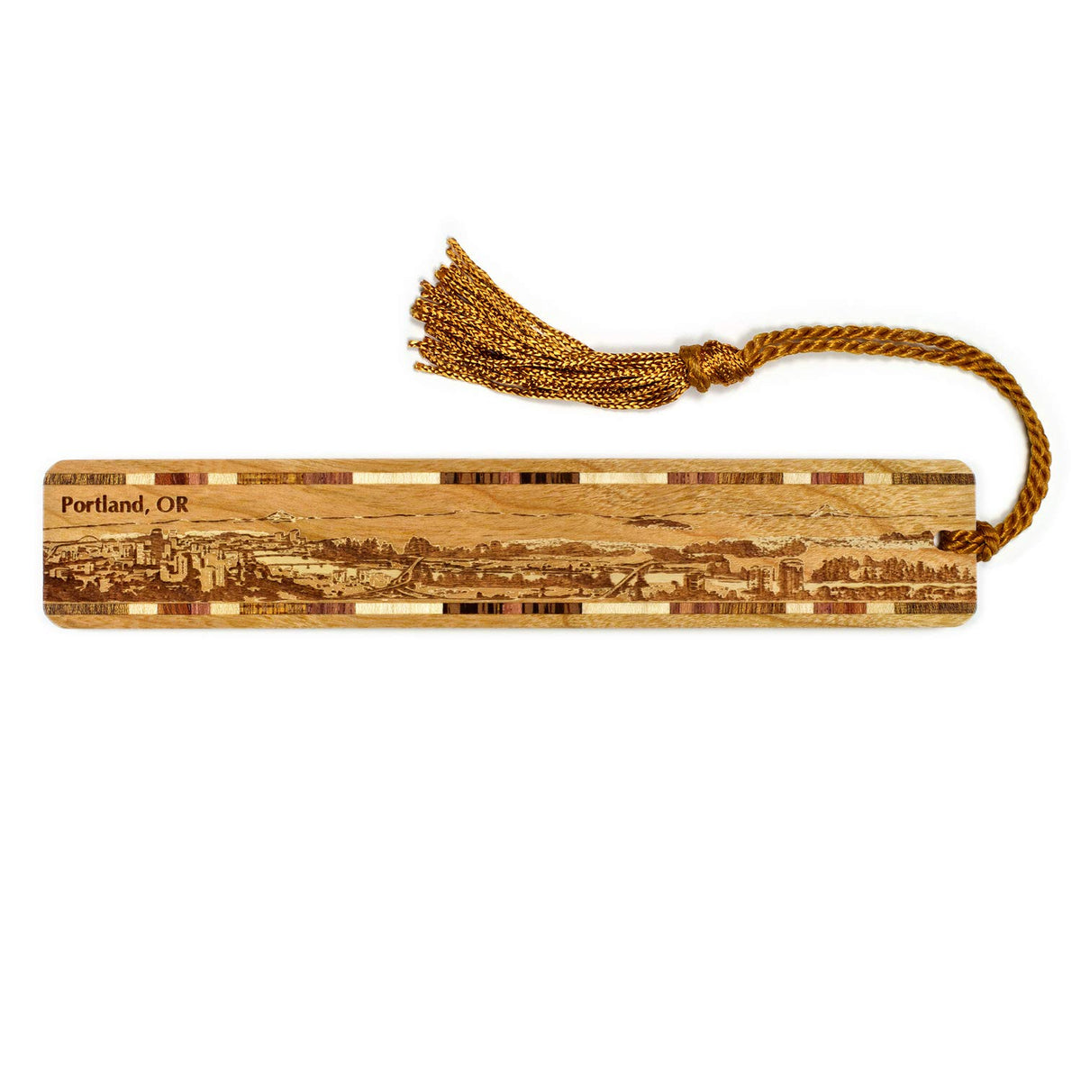 Portland Oregon City Skyline Engraved Wooden Bookmark With Tassel - Made In Usa - Also Available Personalized