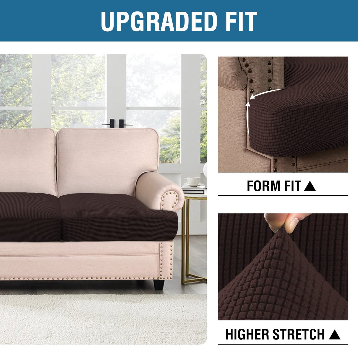 H.Versailtex Stretch 2 Piece T Cushion Sofa Slipcovers Individually Sofa Cushion Covers For 2 Cushion Couch Sofa Seat Cushion Covers With Elastic Bands Featuring Thicker Jacquard Fabric, Chocolate