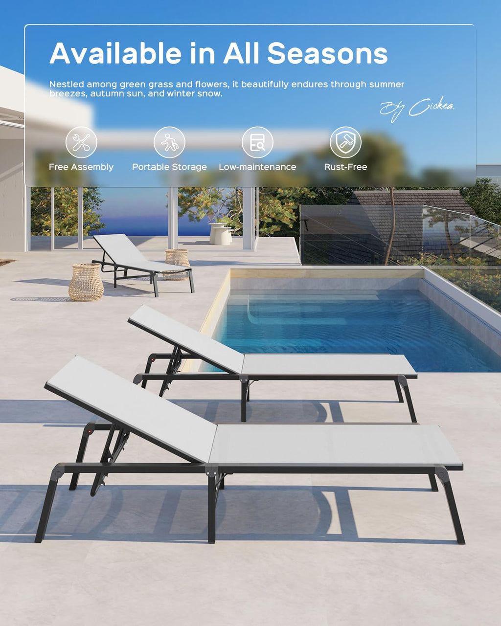 Aluminum Chaise Lounge Ourdoor - Foldable & Assemble Free Outdoor Lounge Chair With 5 Adjustable Backrest, Patio Lounge Chair For Outside Poolside Beach Pool, White