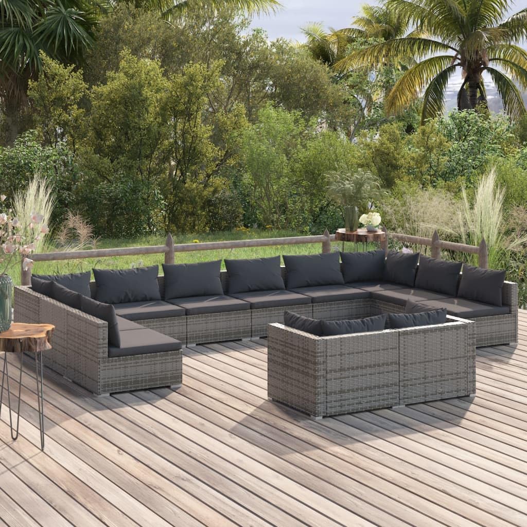 vidaXL Patio Lounge Set 12 Piece with Cushions Garden Outdoor Lawn Yard Terrace Balcony Seat Seating Sofa Lounge Set Furniture Gray Poly Rattan