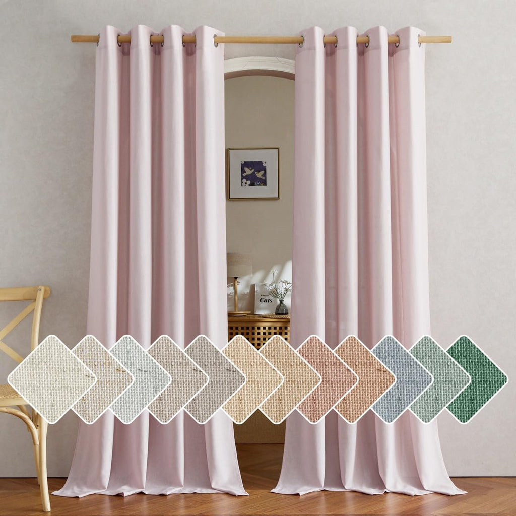 Nicetown Linen Blush Pink Curtains For Girls Room, Grommet Thick Flax Linen Window Treatments Privacy Assured With Light Filtering For Bedroom/Kids Room, 2 Panels, W55 X L84
